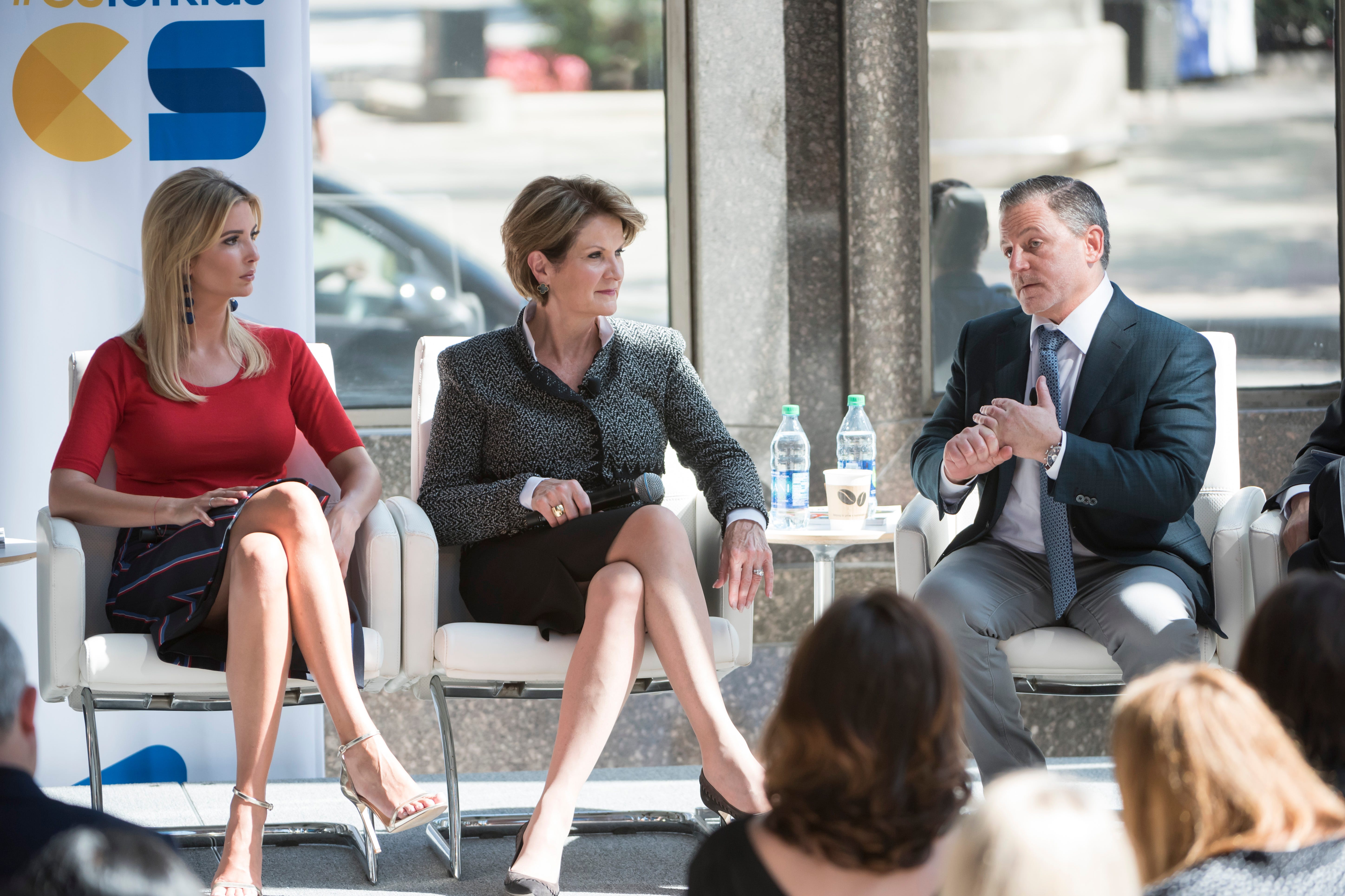 (From left) Ivanka Trump, White House, Assistant to the President, Marillyn Hewson, Chairwoman, President and Chief Executive Officer, Lockheed Martin, and Dan Gilbert, Chairman, Quicken Loans take part a panel discussion involving the Internet Association's announcement of a private sector commitment dedicated to K-12 computer science programs, at Detroit Design 136, in Detroit, September 26, 2017.