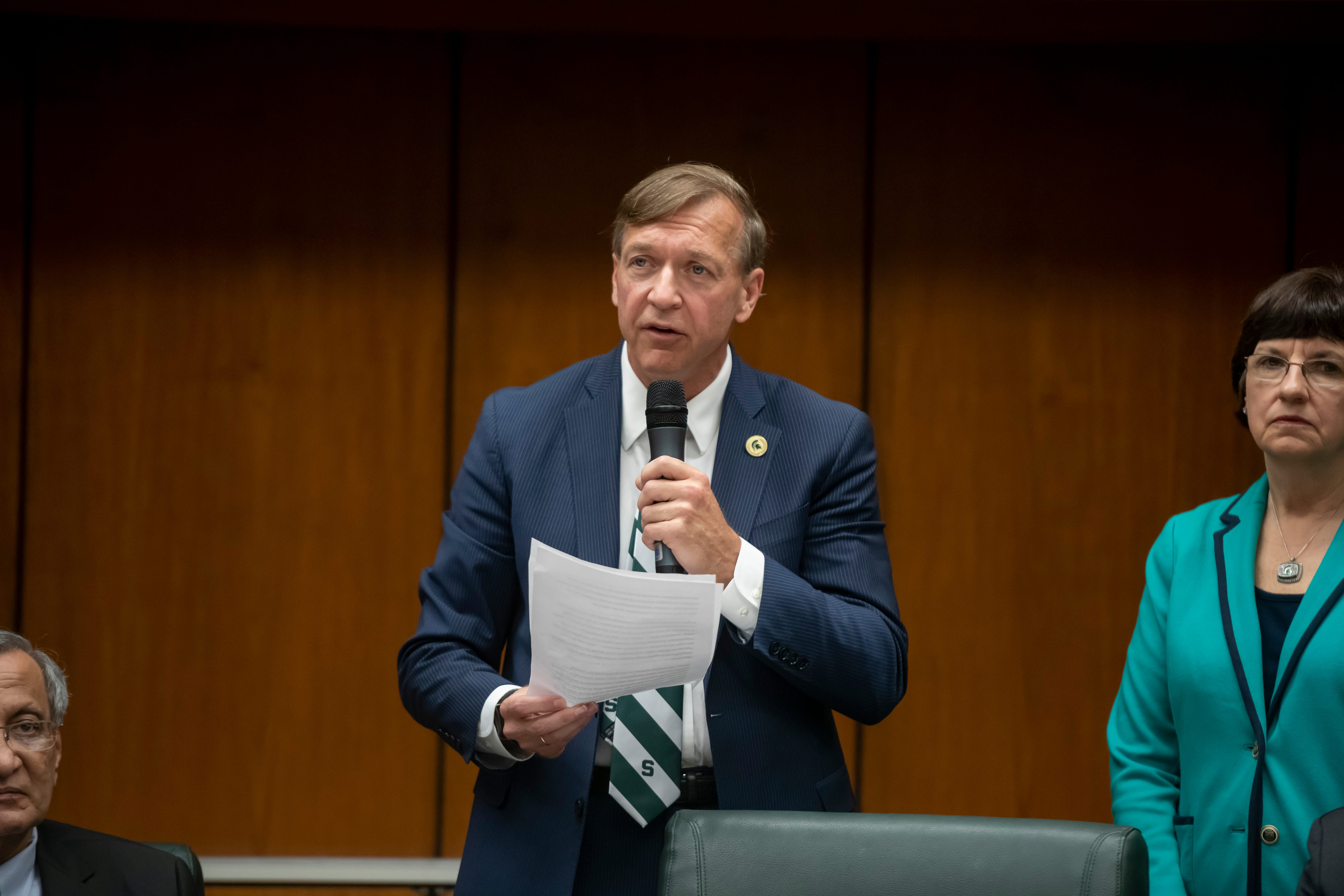 Samuel Stanley Jr. speaks to the audience after a special session of the Michigan State University board of trustees voted to elect Stanley as the university's 21st president, May 28, 2019.