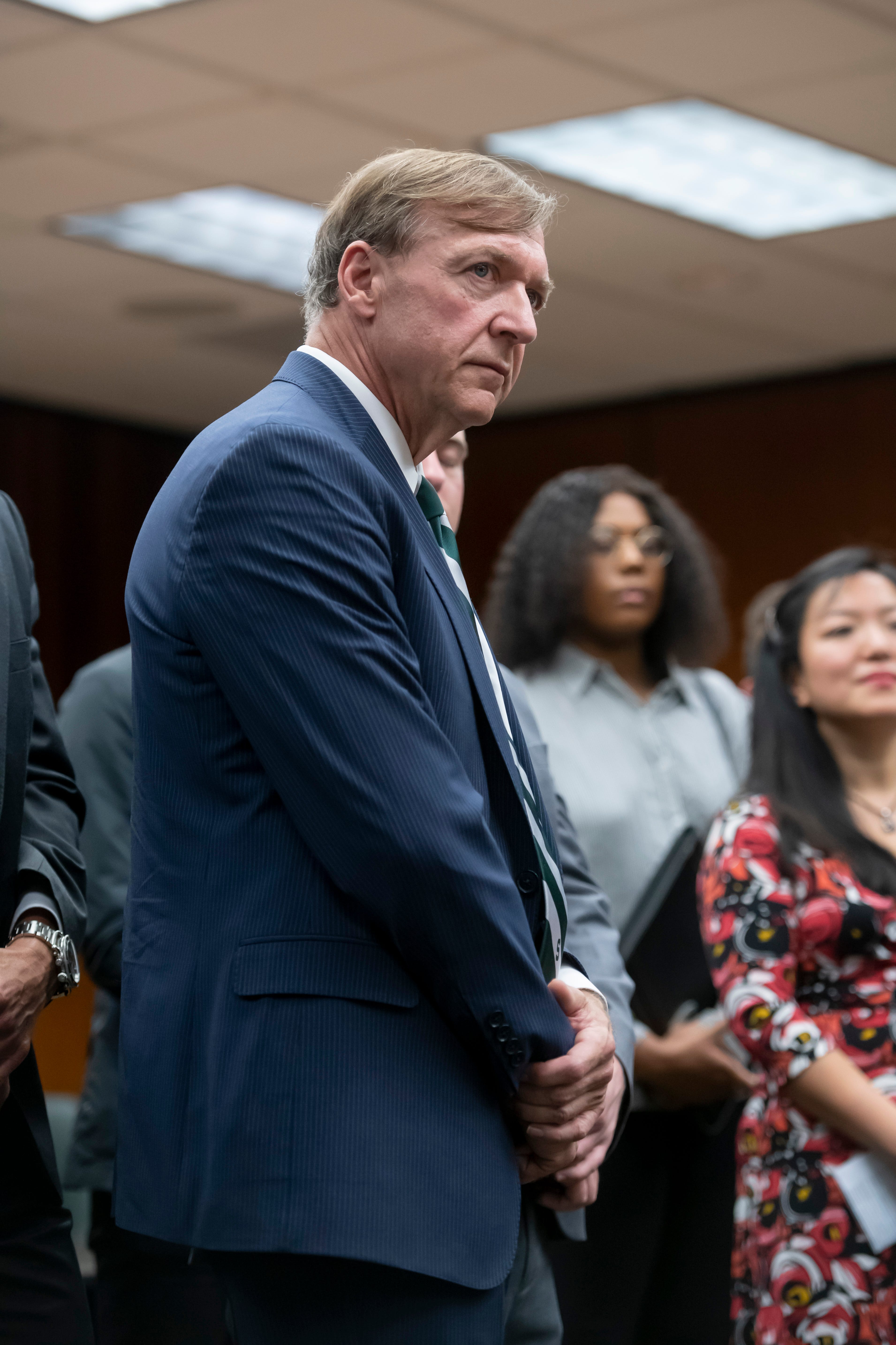 Samuel Stanley Jr. participates in a question and answer session after being named Michigan State University's 21st president, May 28, 2019.
