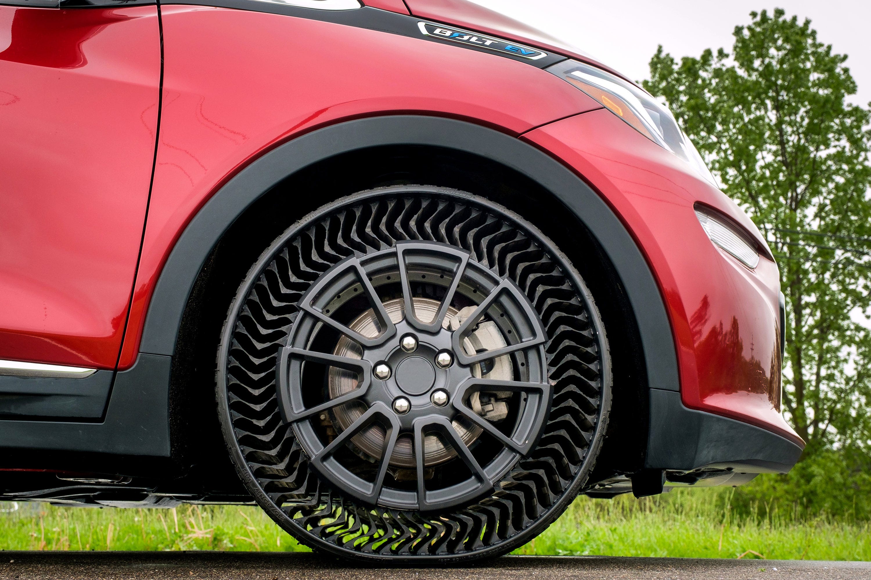 The Michelin Uptis Prototype is tested on a Chevrolet Bolt EV May 29 at the General Motors Milford Proving Ground in Milford.