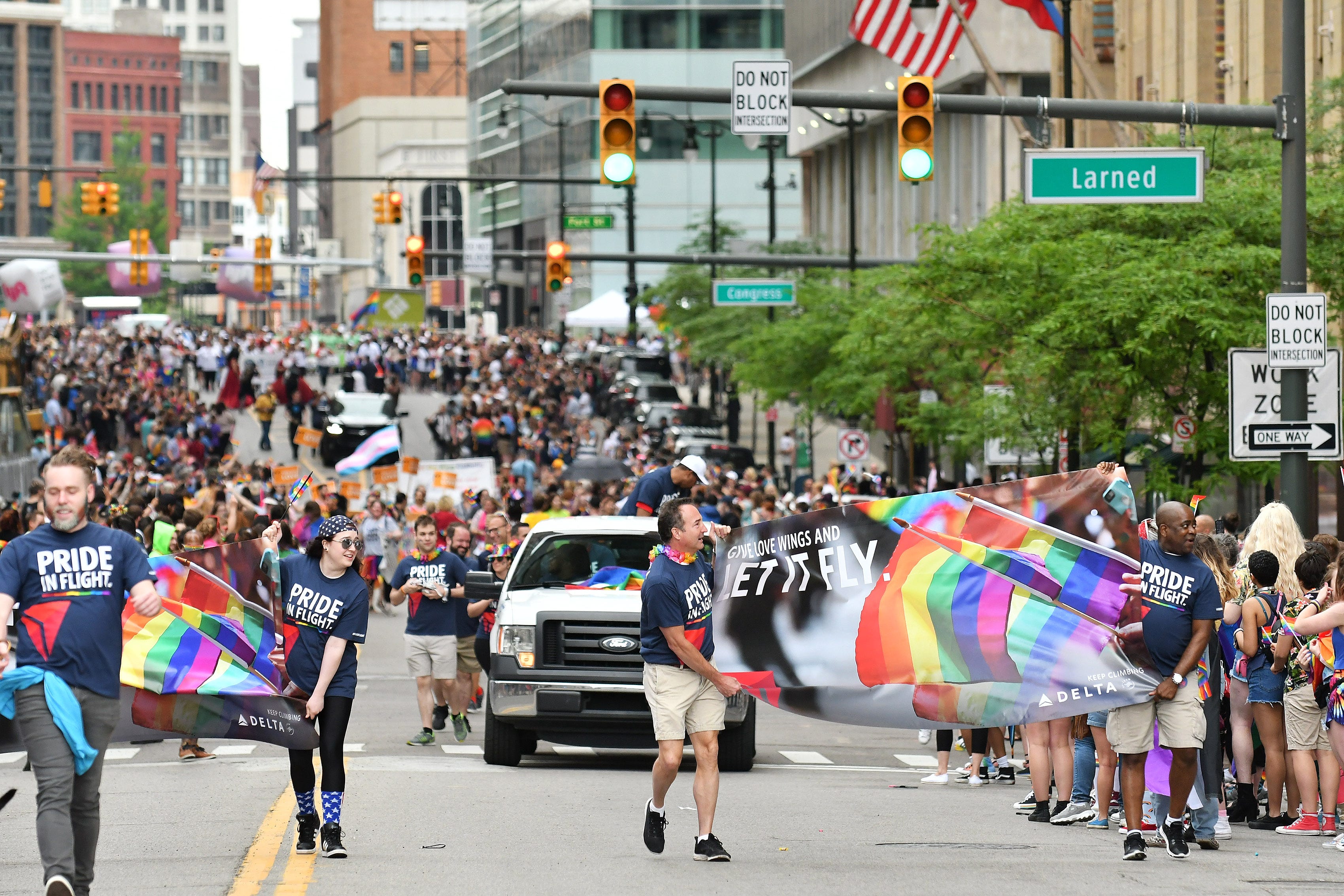 A group from Delta walks in Motor City Pride Parade on Griswold Street in Detroit on June 9, 2019.