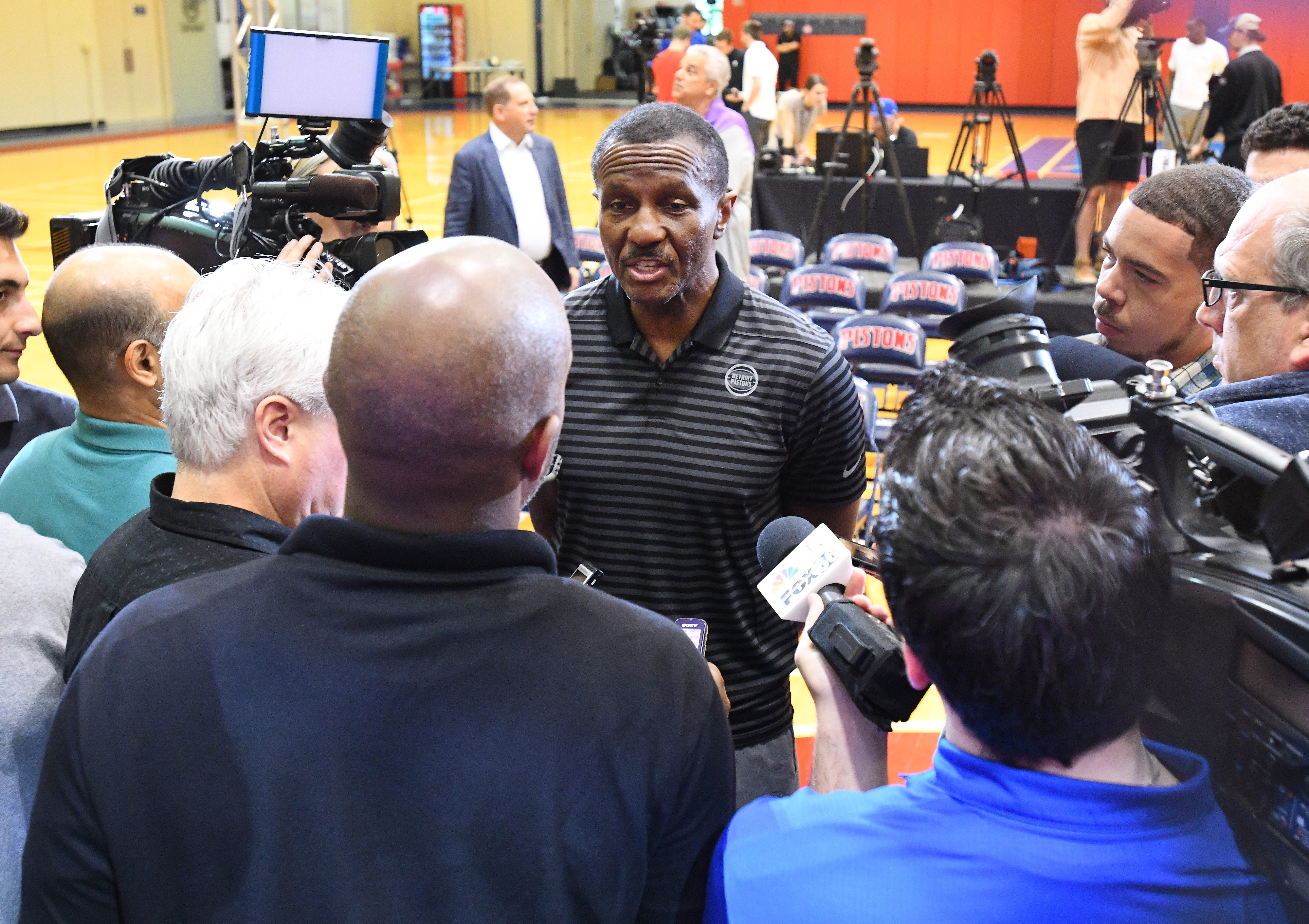 Pistons head coach Dwane Casey answers questions of the media after the press conference.