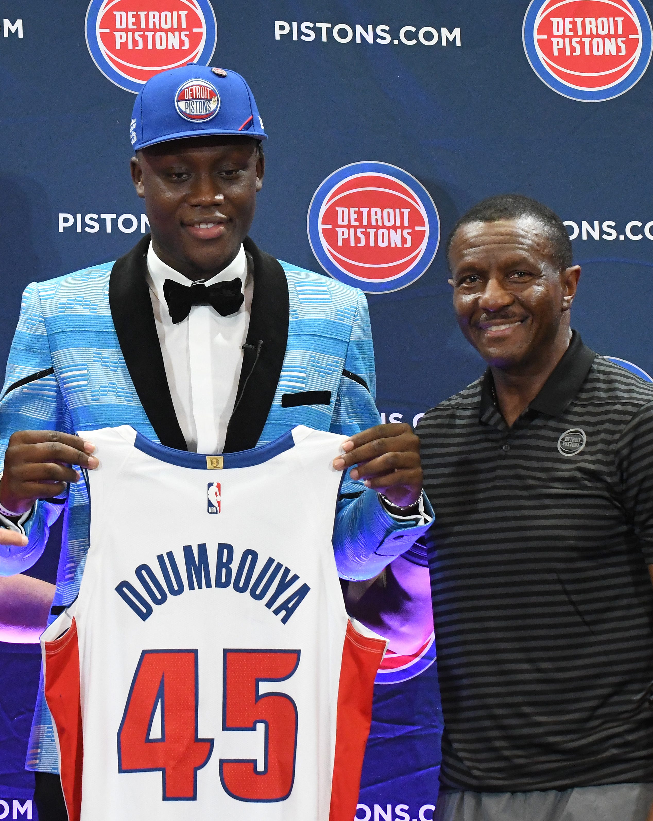 Pistons first round pick Sekou Doumbouya and Pistons head coach Dwane Casey during the press conference.