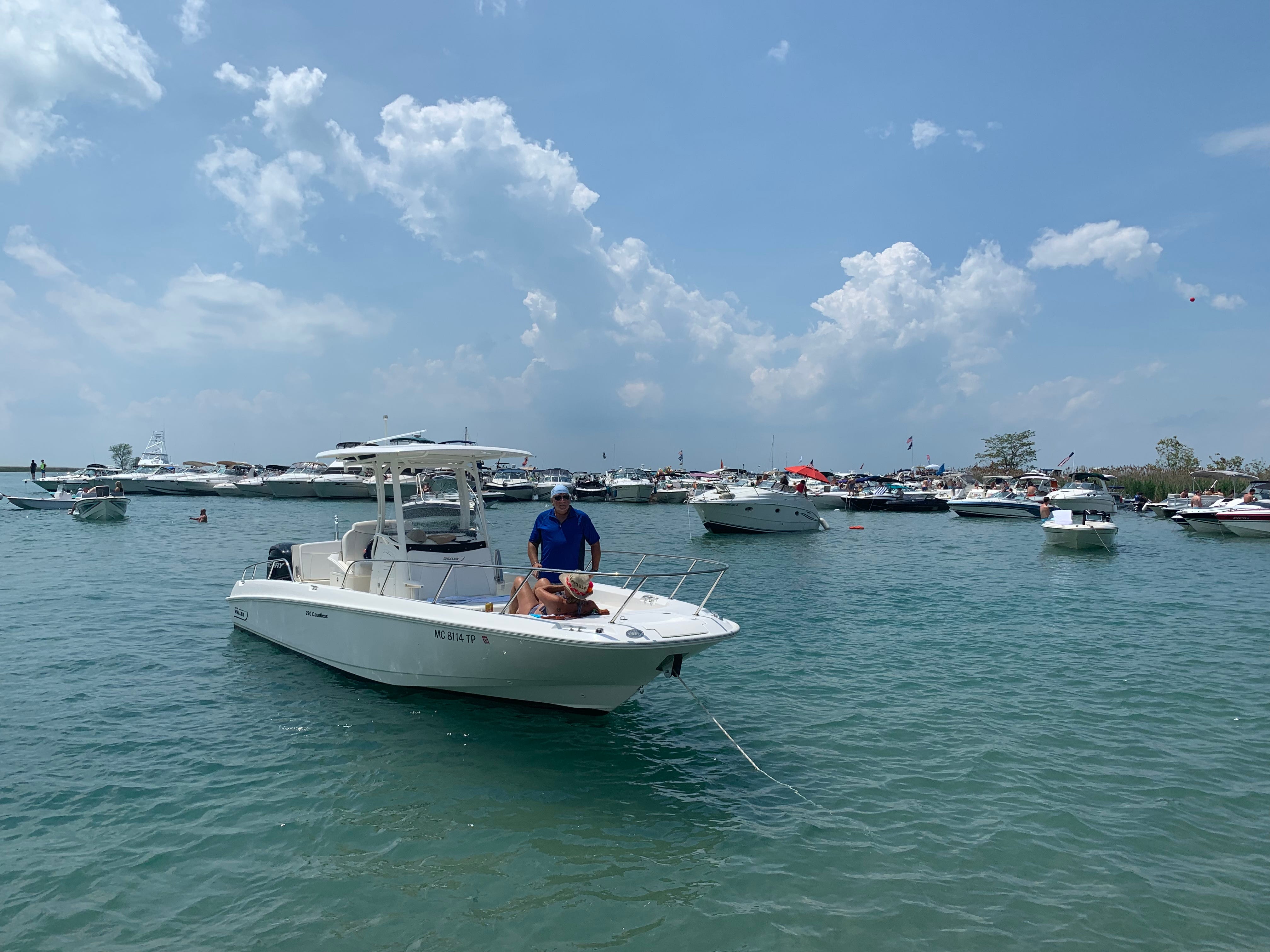Pleasure boats sit anchored off Gull Island Friday, June 28, 2019 for this year's Lake St. Clair annual party.