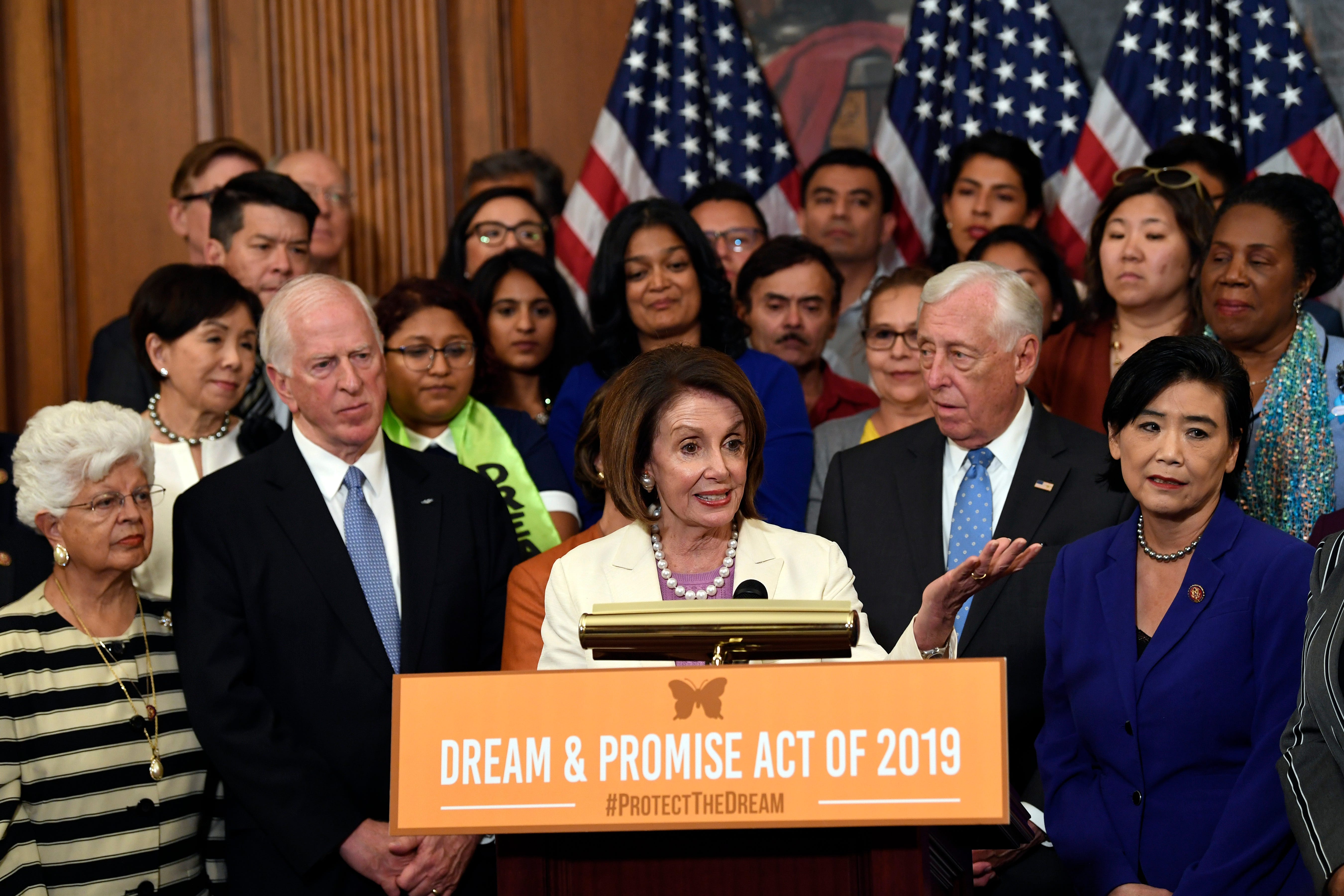 House Speaker Nancy Pelosi of Calif., speaks during an event on Capitol Hill in Washington, Tuesday, June 4, 2019, with those with Deferred Action for Childhood Arrivals (DACA), Temporary Protected Status (TPS) and Deferred Enforced Departure (DED) and similarly situated immigrants who have spent much of their lives in the United States.