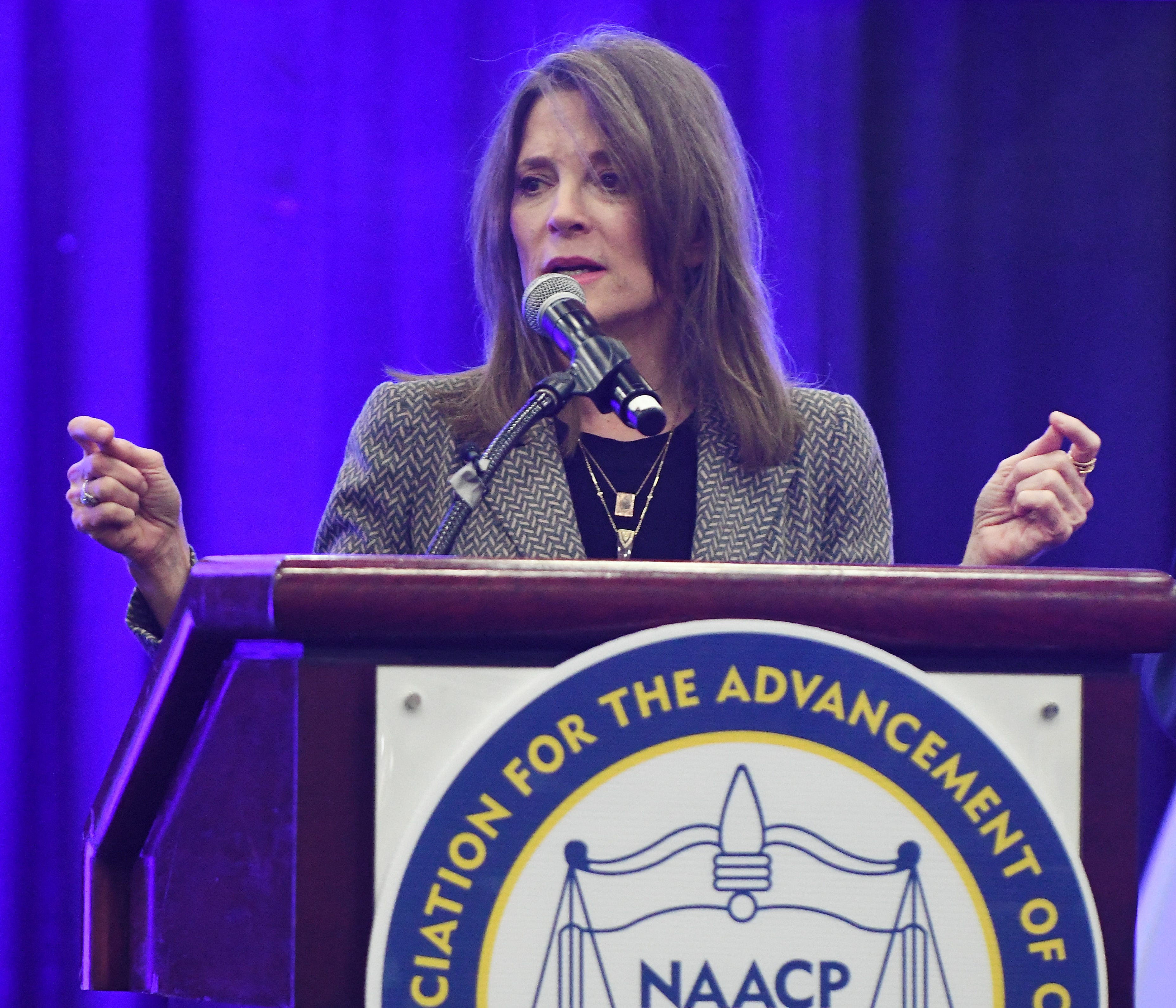 Presidential candidate Marianne Williamson speaks during the 110th NAACP Convention at Cobo Center, in Detroit, Michigan on July 23, 2019.