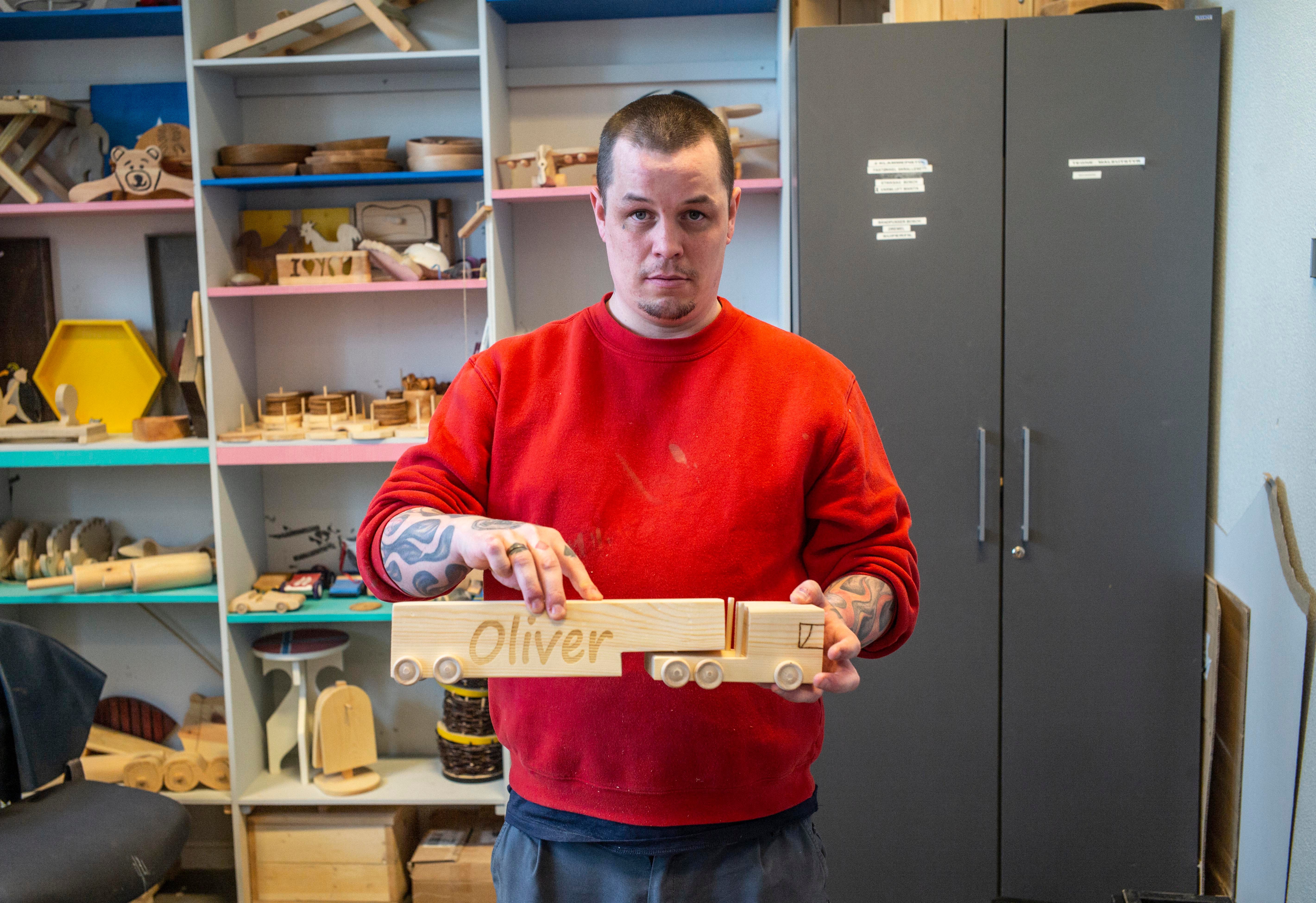 Thomas, who didn't give his last name, is pictured in the wood shop at Halden Prison in Norway, where inmates are allowed to work with hammers, saws and other tools banned in American prisons.  He'll leave soon to serve the remainder of his sentence at a halfway house, where he'll be allowed to hold a job and visit his family at home.