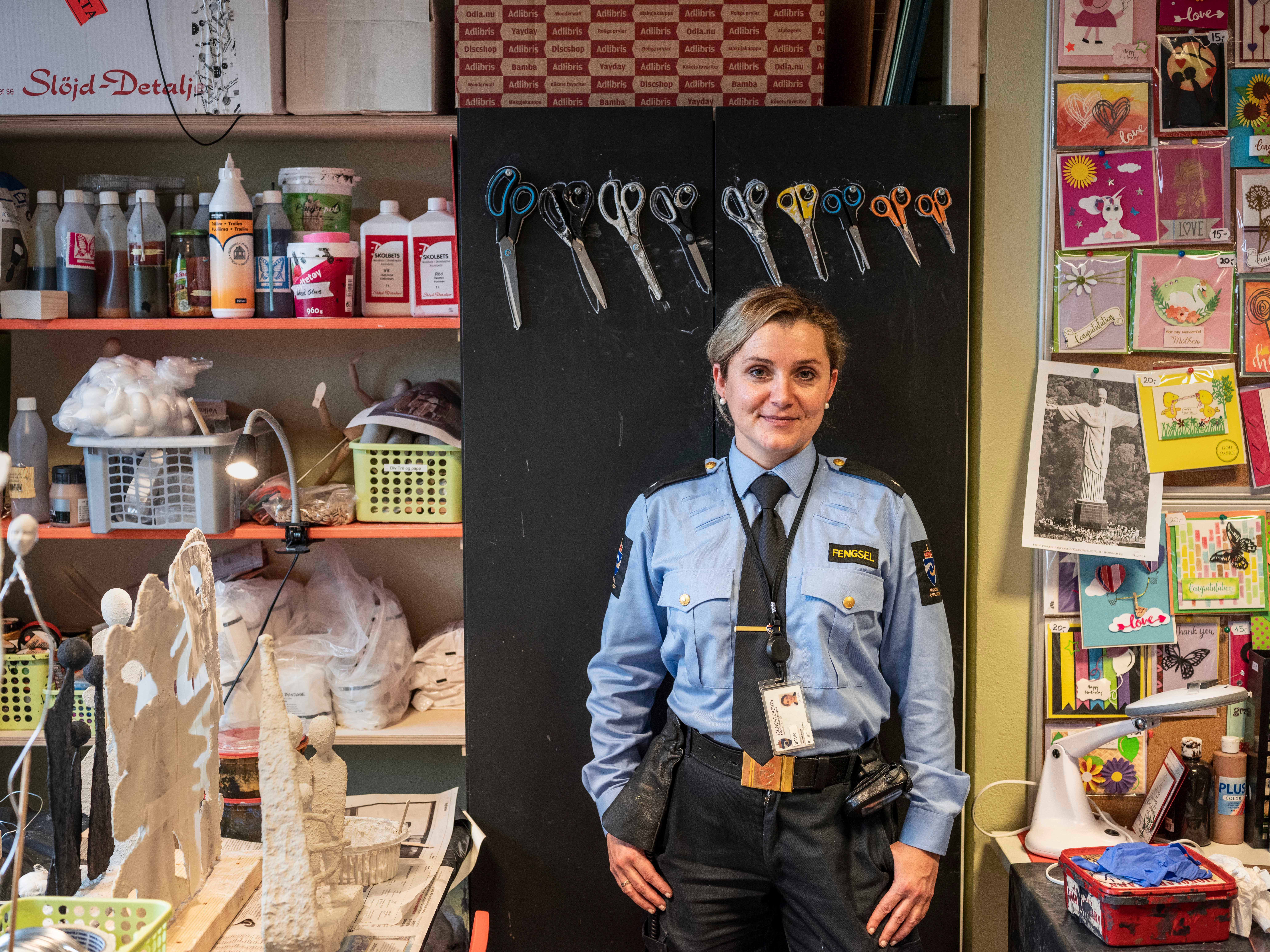 Vocational officer Emelie Haale is seen in the crafts studio at Halden Prison in Norway. It ' s the first activity for new inmates. " Many will be surprised they can do something positive, " Haale said.