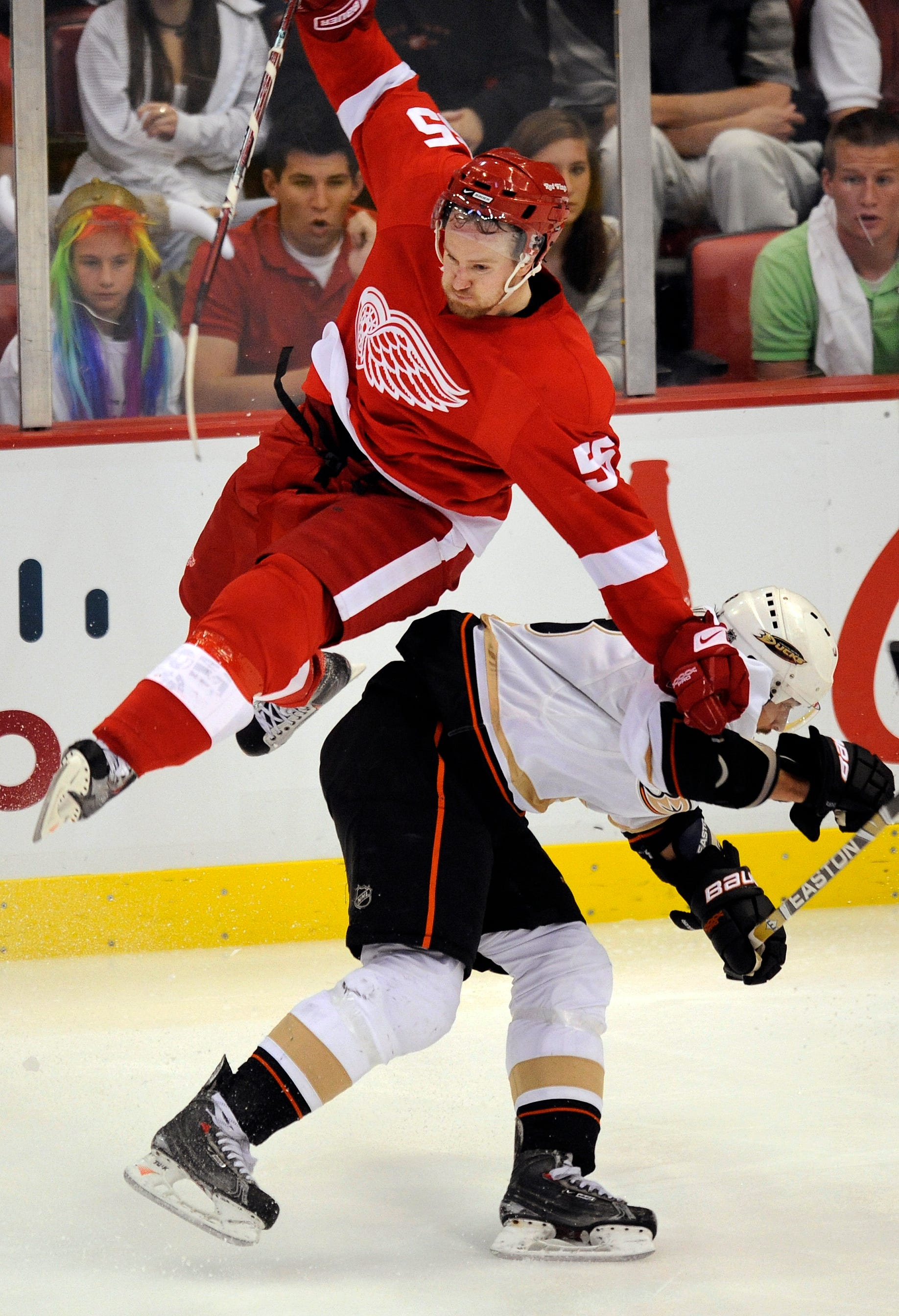 Detroit Red Wings defenseman Niklas Kronwall collides with Anaheim Ducks right wing Teemu Selanne. The open-ice hit sent both of them sprawling to the ice during overtime of a playoff game on May 3, 2009.