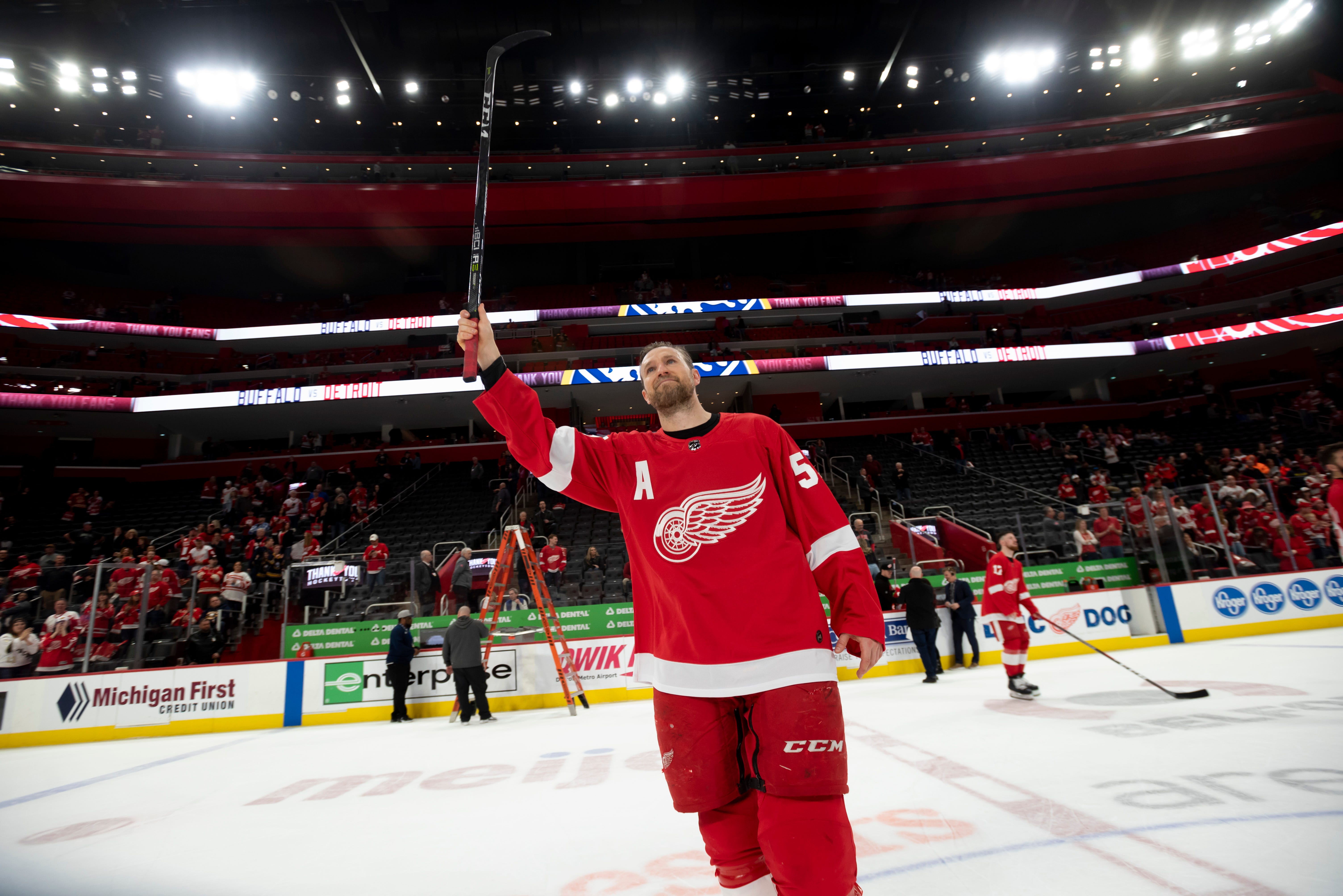 Detroit defenseman Niklas Kronwall waves to the fans after a game against the Buffalo Sabres at Little Caesars Arena in Detroit on April 6, 2019. Kronwall announced he ' ll retire from the NHL after 15 hard-hitting seasons with the Red Wings.