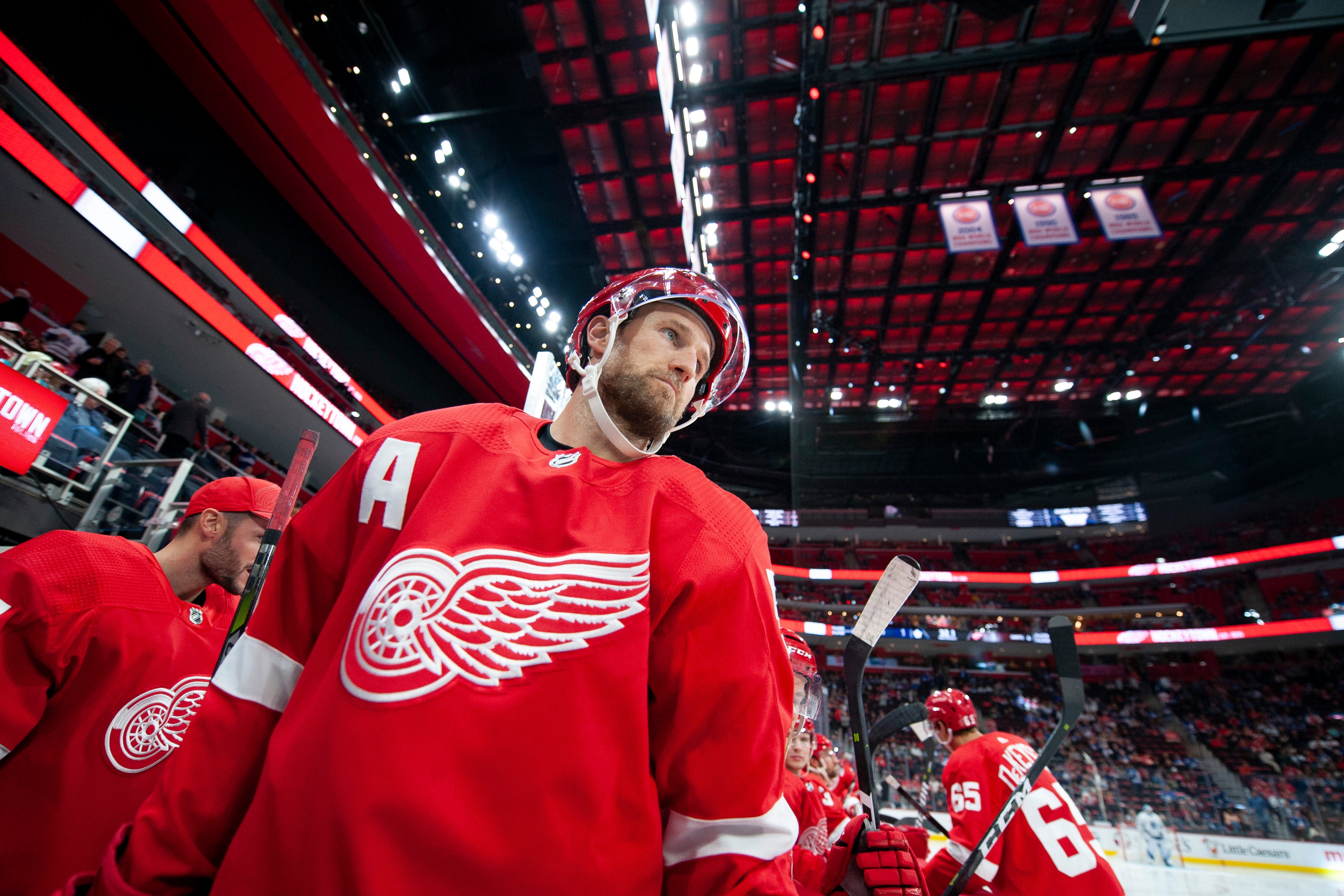 Detroit defenseman Niklas Kronwall walks out of the tunnel for the start of a game against the Toronto Maple Leafs at Little Caesars Arena on Oct. 11, 2018.