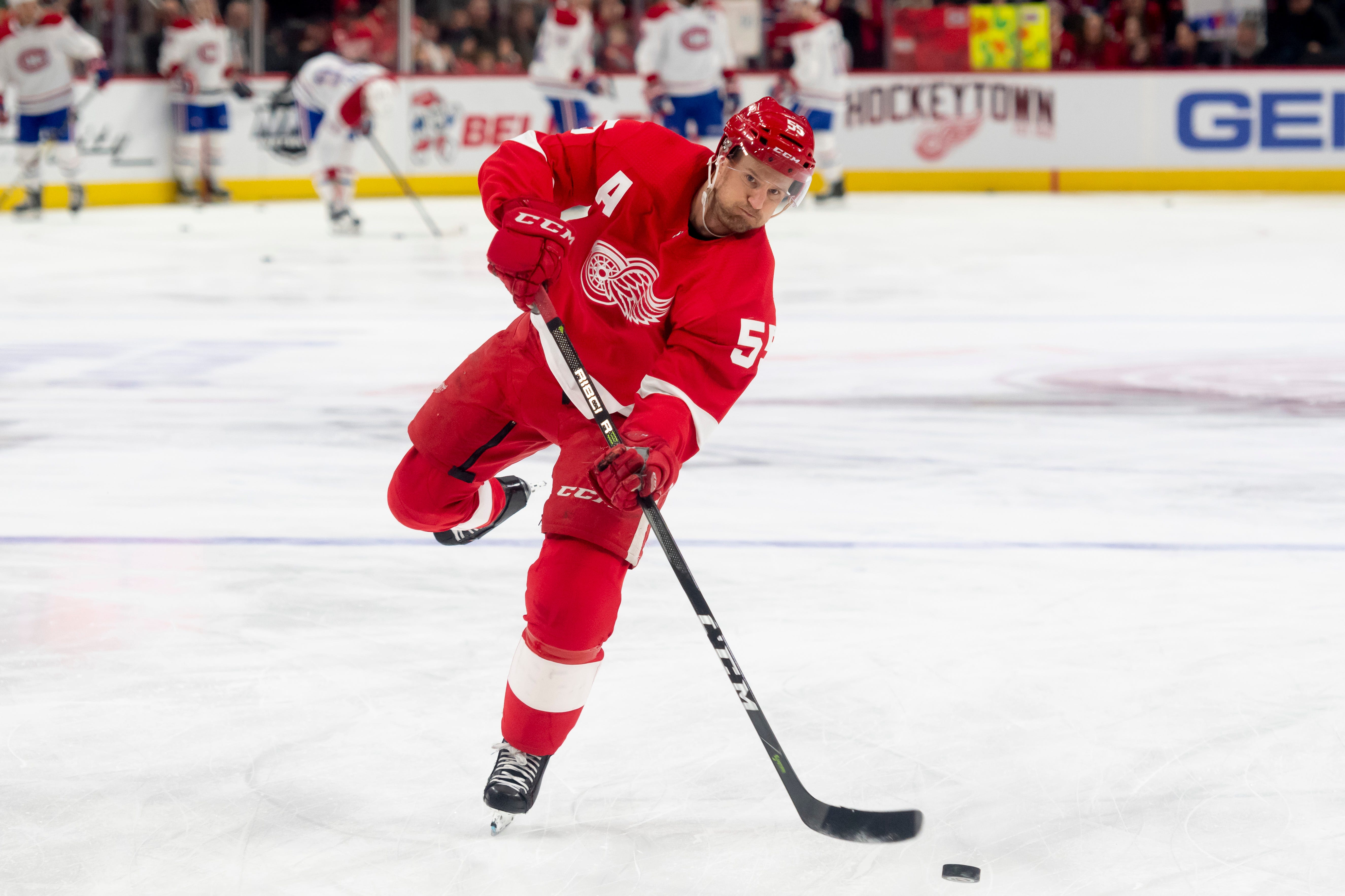 Detroit defenseman Niklas Kronwall shoots the puck during pregame warmups before a game against the Montreal Canadiens at Little Caesars Arena on Feb. 26, 2019.