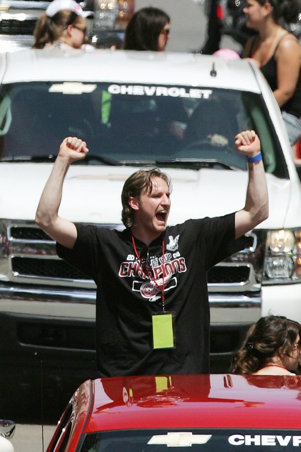 Niklas Kronwall celebrates the Red Wings ' Stanley Cup victory during a parade down Woodward Avenue in Detroit on June 6, 2008.