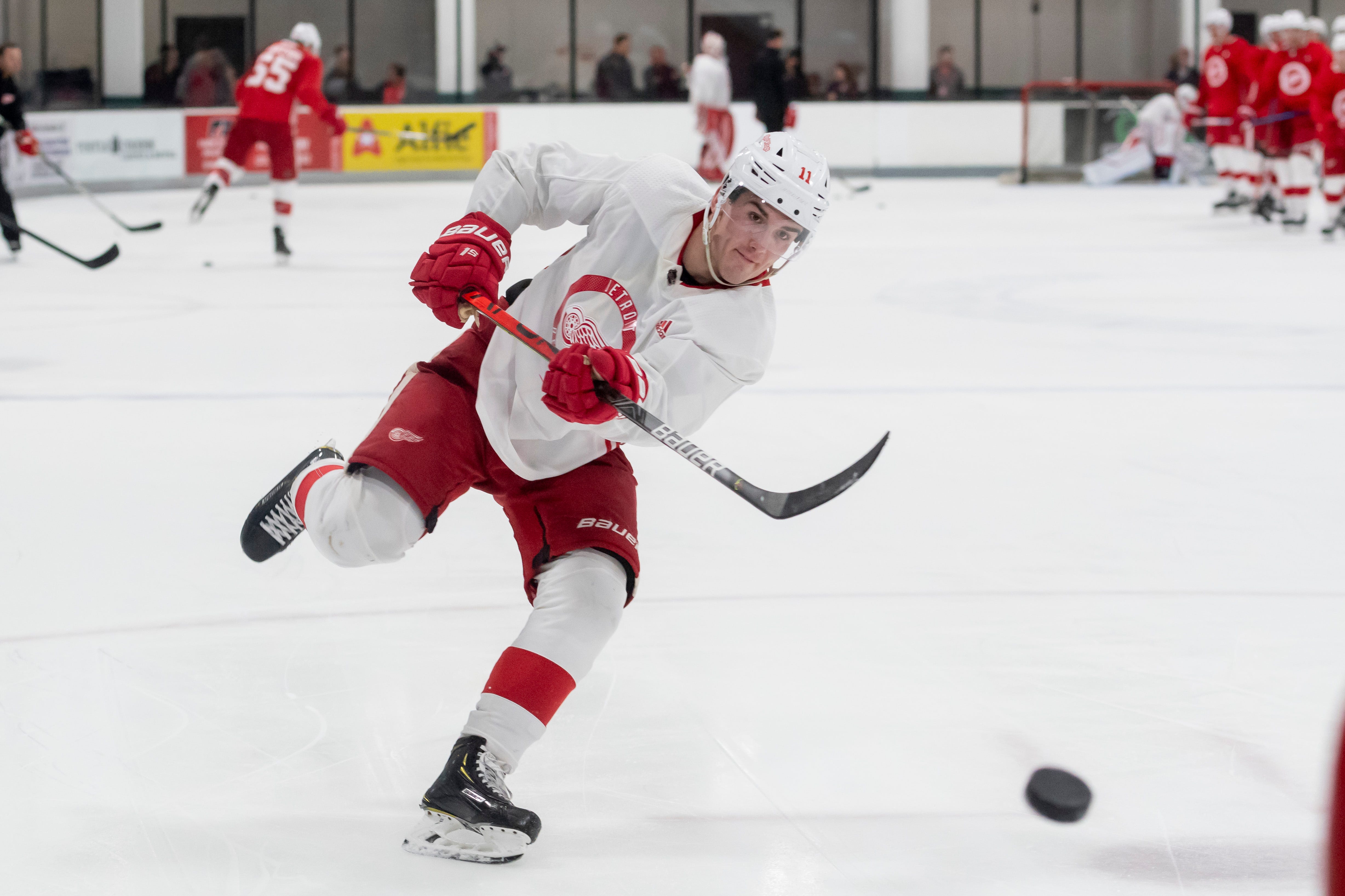 Detroit right wing Filip Zadina takes a shot during practice.