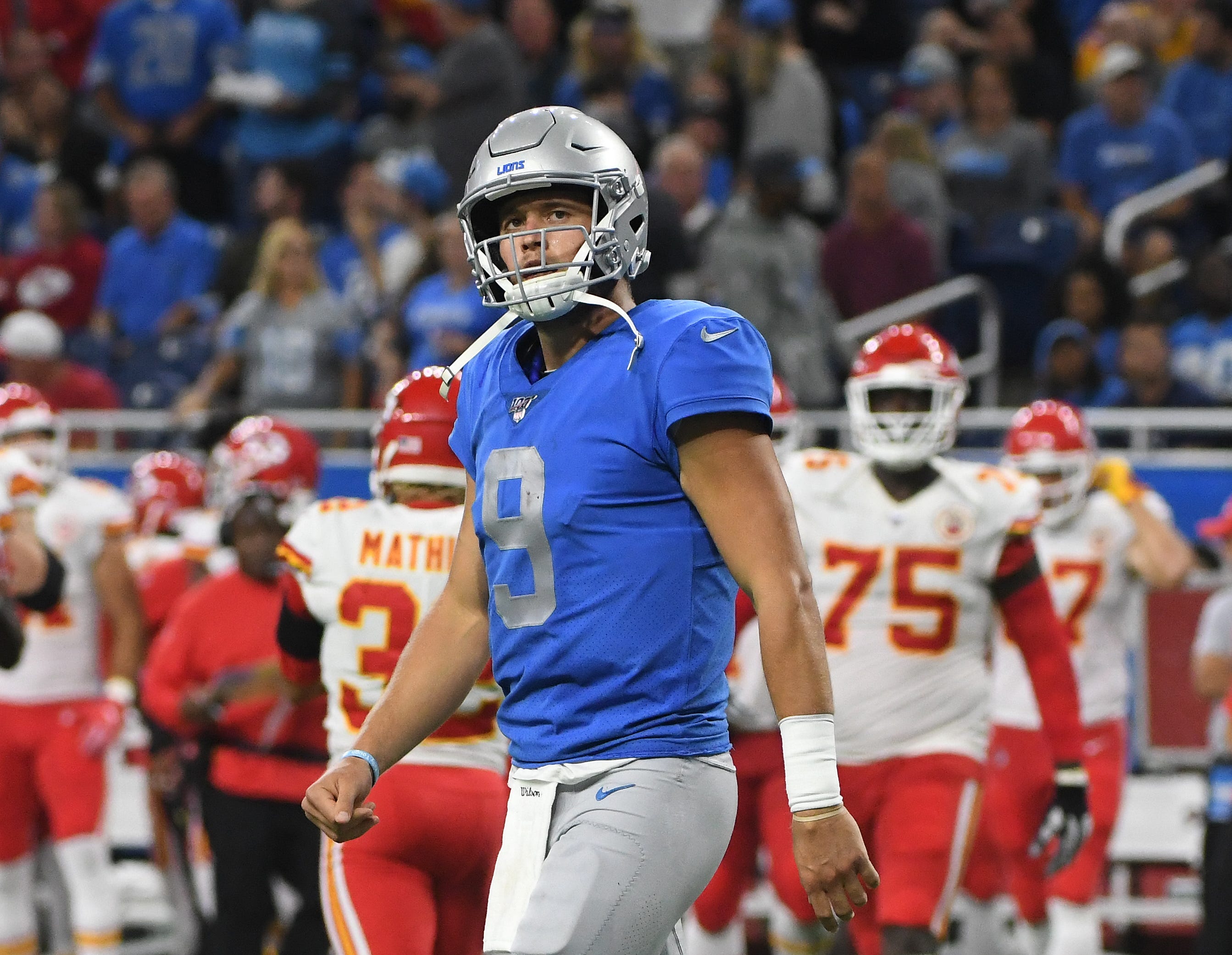 Lions quarterback Matthew Stafford walks off the field after fumbling away the ball in the red zone, with the Chiefs recovering, in the third quarter of a 34-30 loss on Sunday, Sept. 29, 2019, at Ford Field in Detroit.
