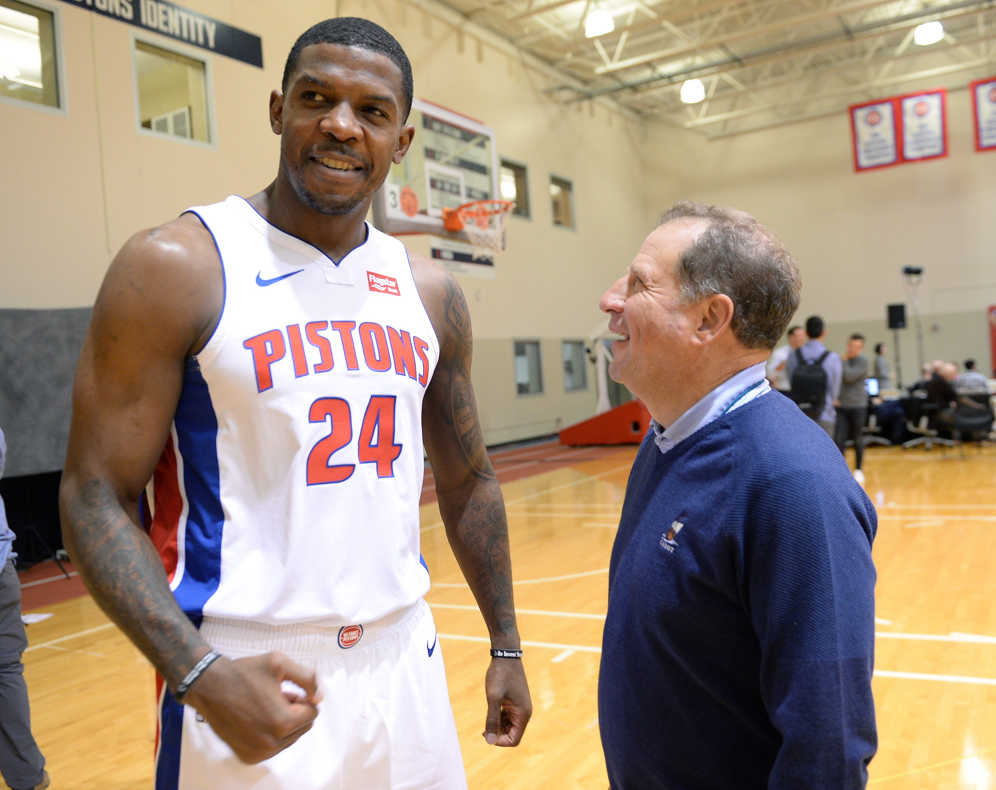 Arn Tellem, right, Pistons vice chairman, greets Joe Johnson, his former client when he was a sports agent.