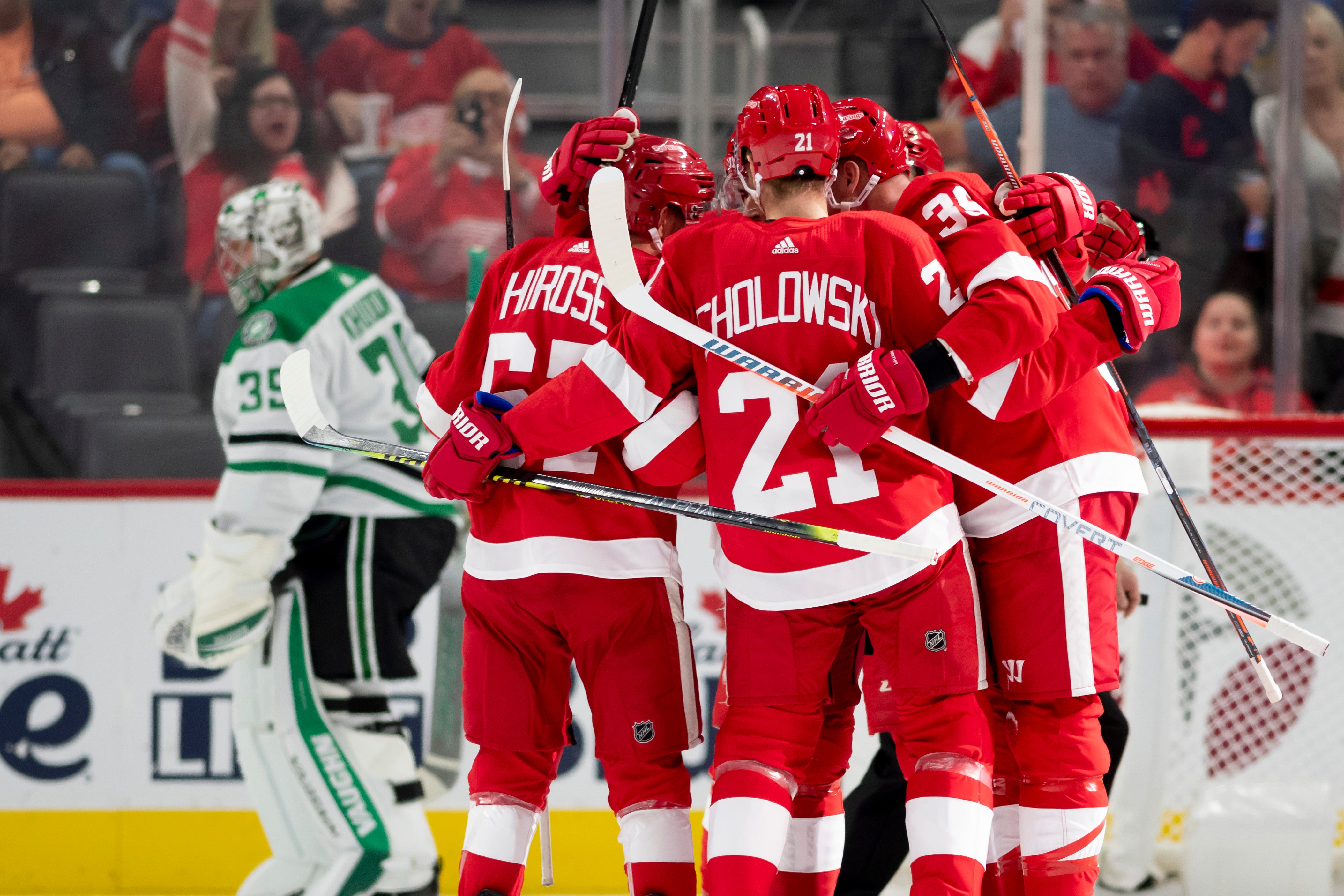 The Red Wings celebrate a goal by right wing Anthony Mantha in the second period.