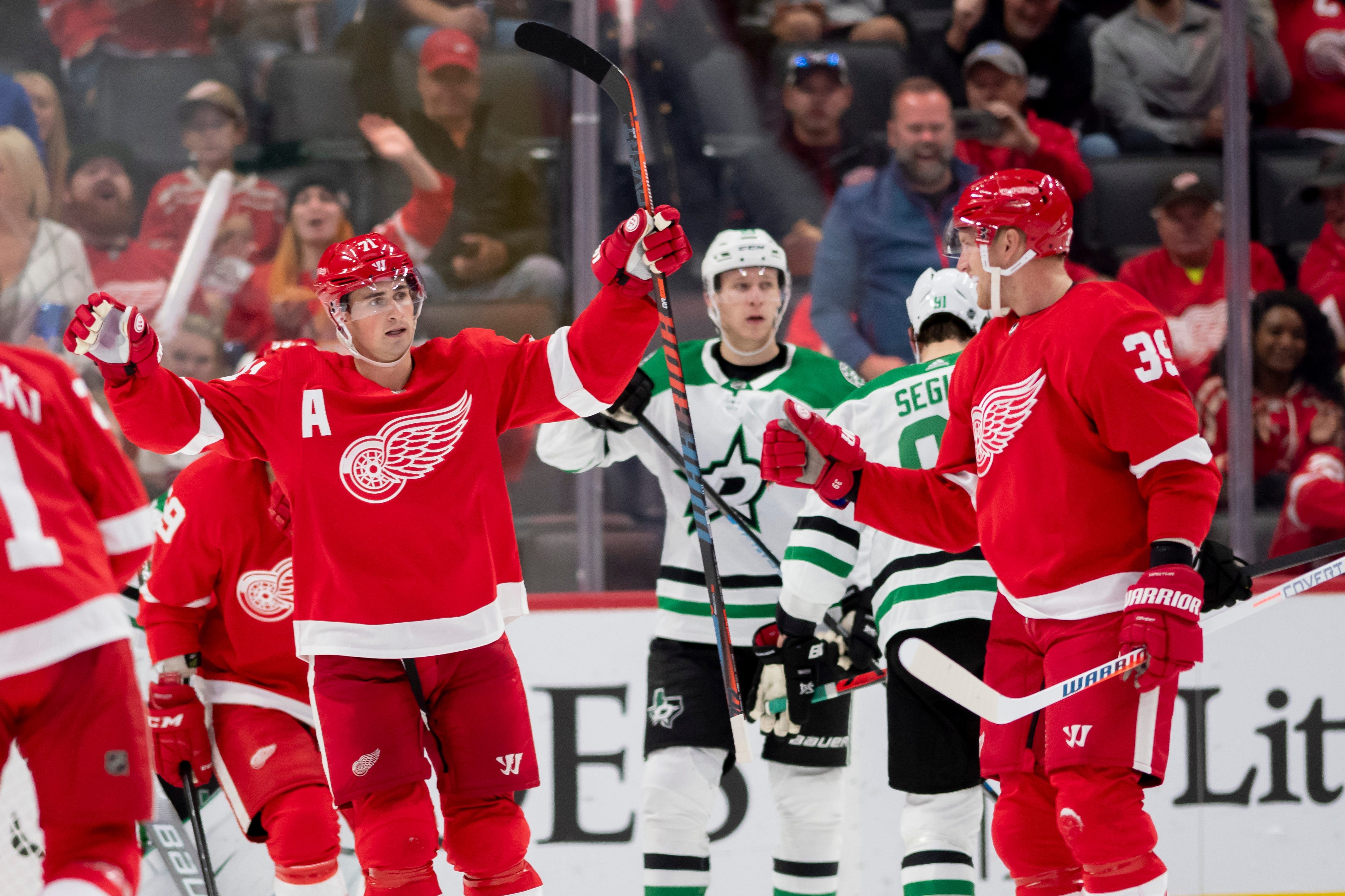 Detroit center Dylan Larkin, left, celebrates a goal by right wing Anthony Mantha in the second period.