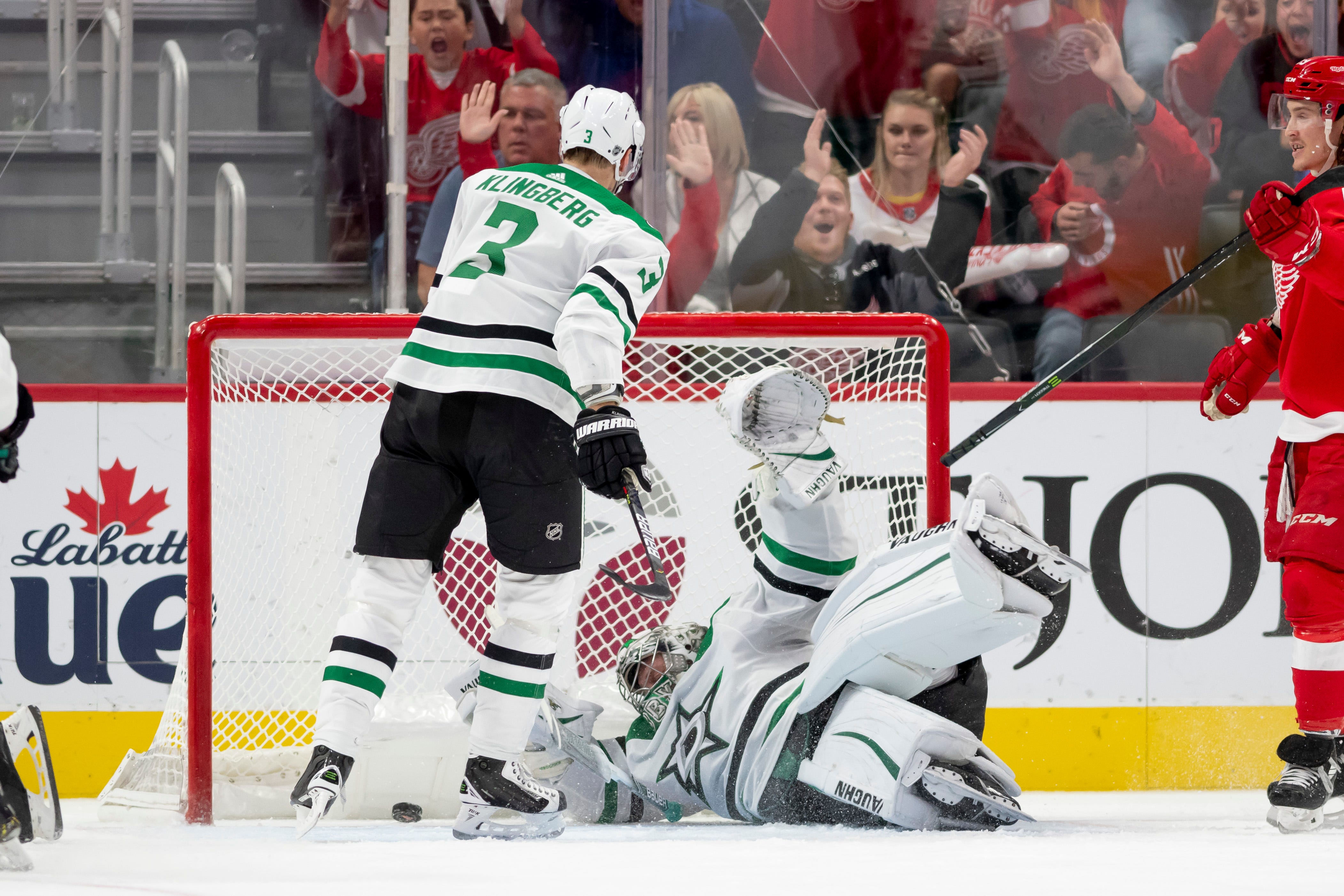 Dallas defenseman John Klingberg and goaltender Anton Khudobin fails to stop a goal by Detroit right wing Anthony Mantha in the second period.