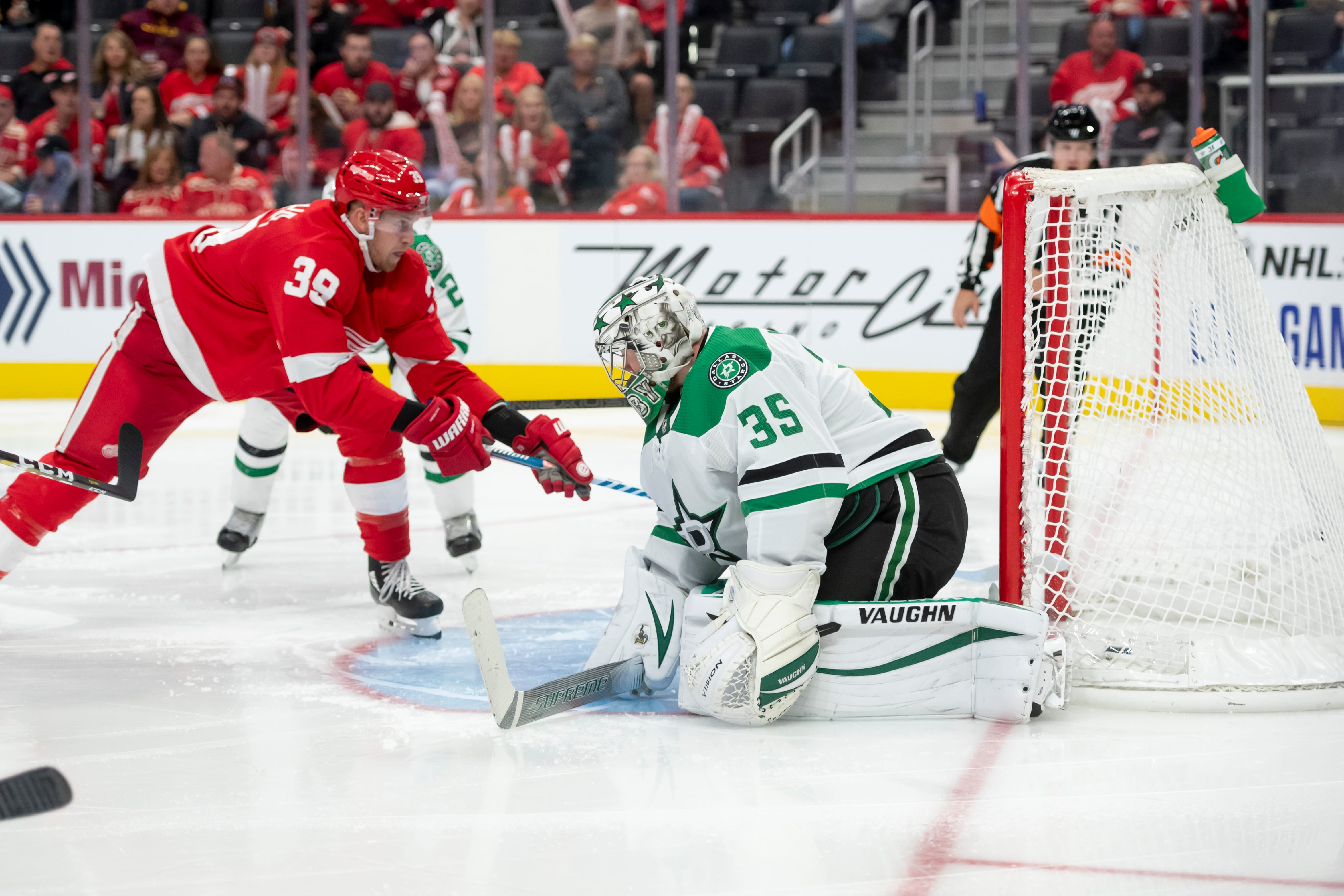 Detroit right wing Anthony Mantha slips the puck past Dallas goaltender Anton Khudobin for his third goal of the game in the third period.