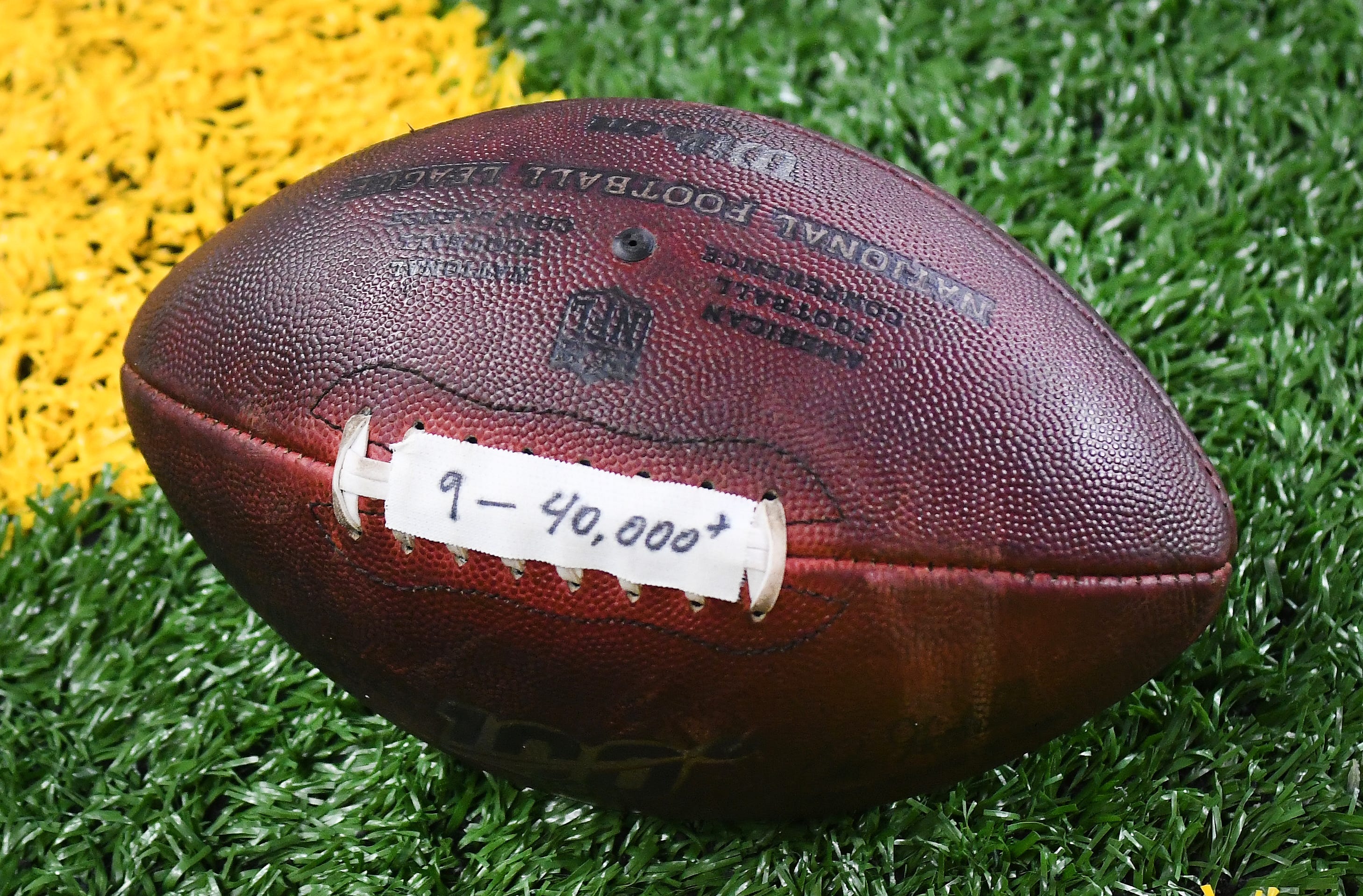 The ball that Lions quarterback Matthew Stafford threw to become the fastest player in NFL history to reach 40,000 passing yards from the game against the Vikings at Ford Field.