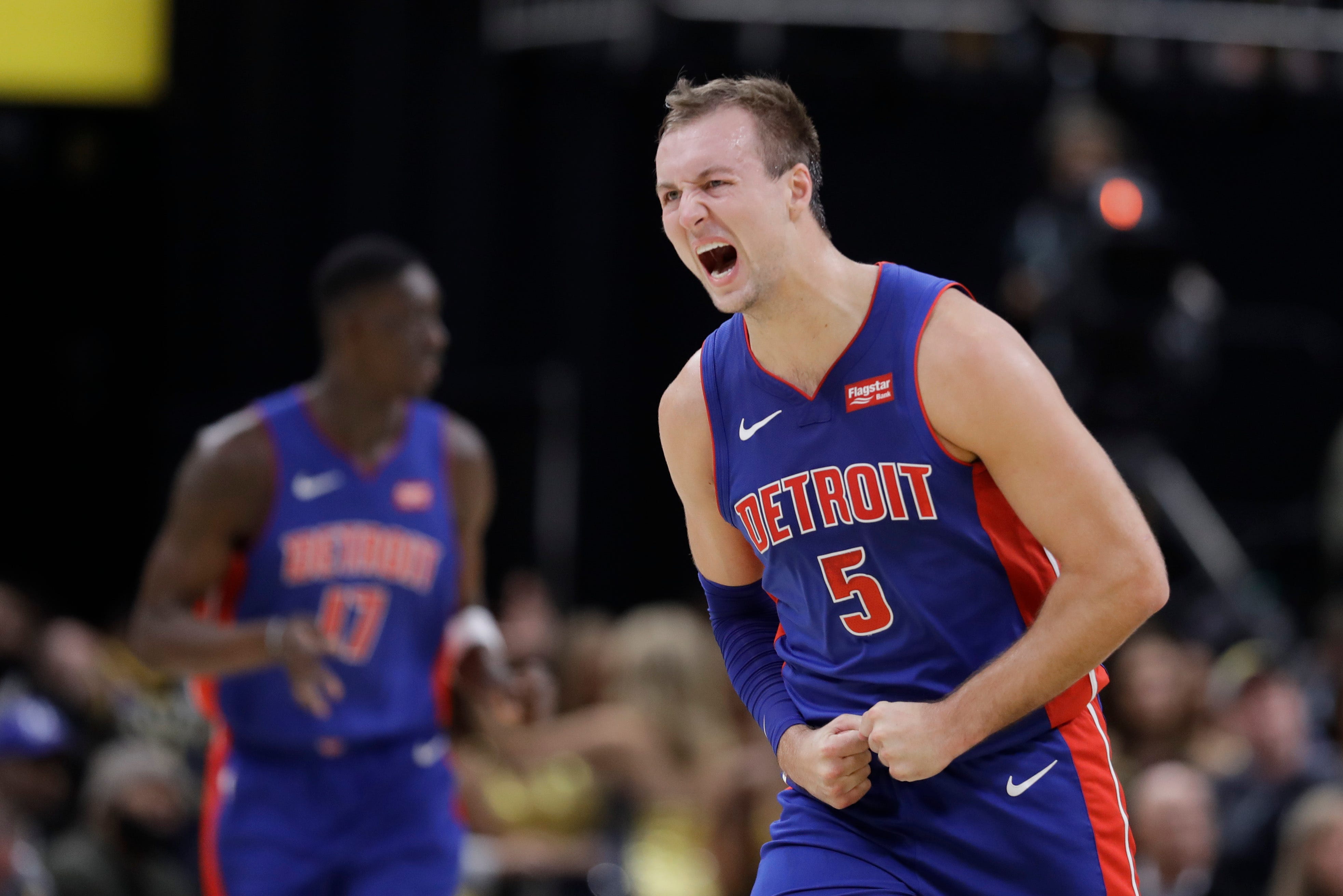 Detroit Pistons ' Luke Kennard reacts after hitting a shot during the second half against the Indiana Pacers on Wednesday, Oct. 23, 2019, in Indianapolis. Detroit won the season opener, 119-110.