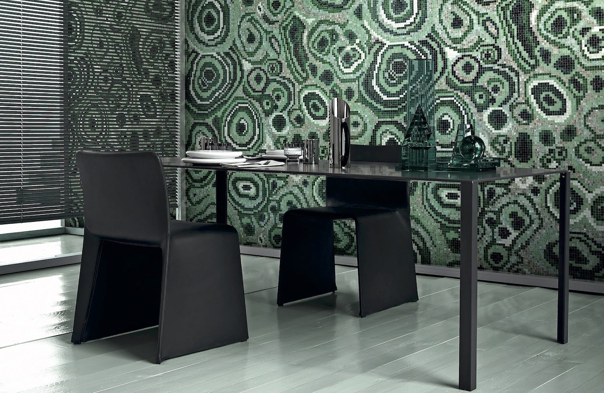 Natale's New Malachite design for Bisazza is made up of tiny glass mosaics, but the vivid radiating swirls are big on a feature wall.