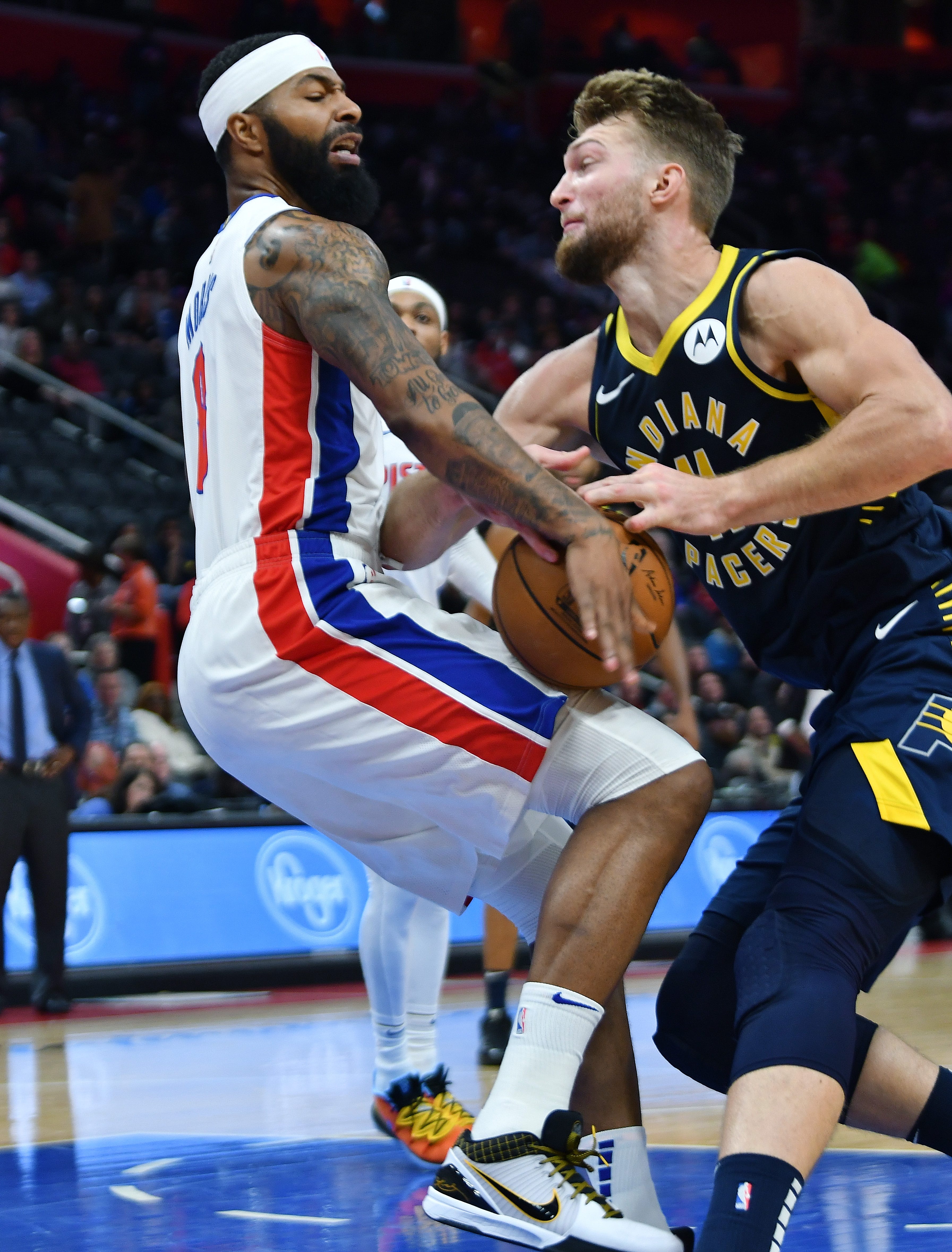 Pistons' Markieff Morris knocks the ball away from Pacers' Domantas Sabonis in the fourth quarter.