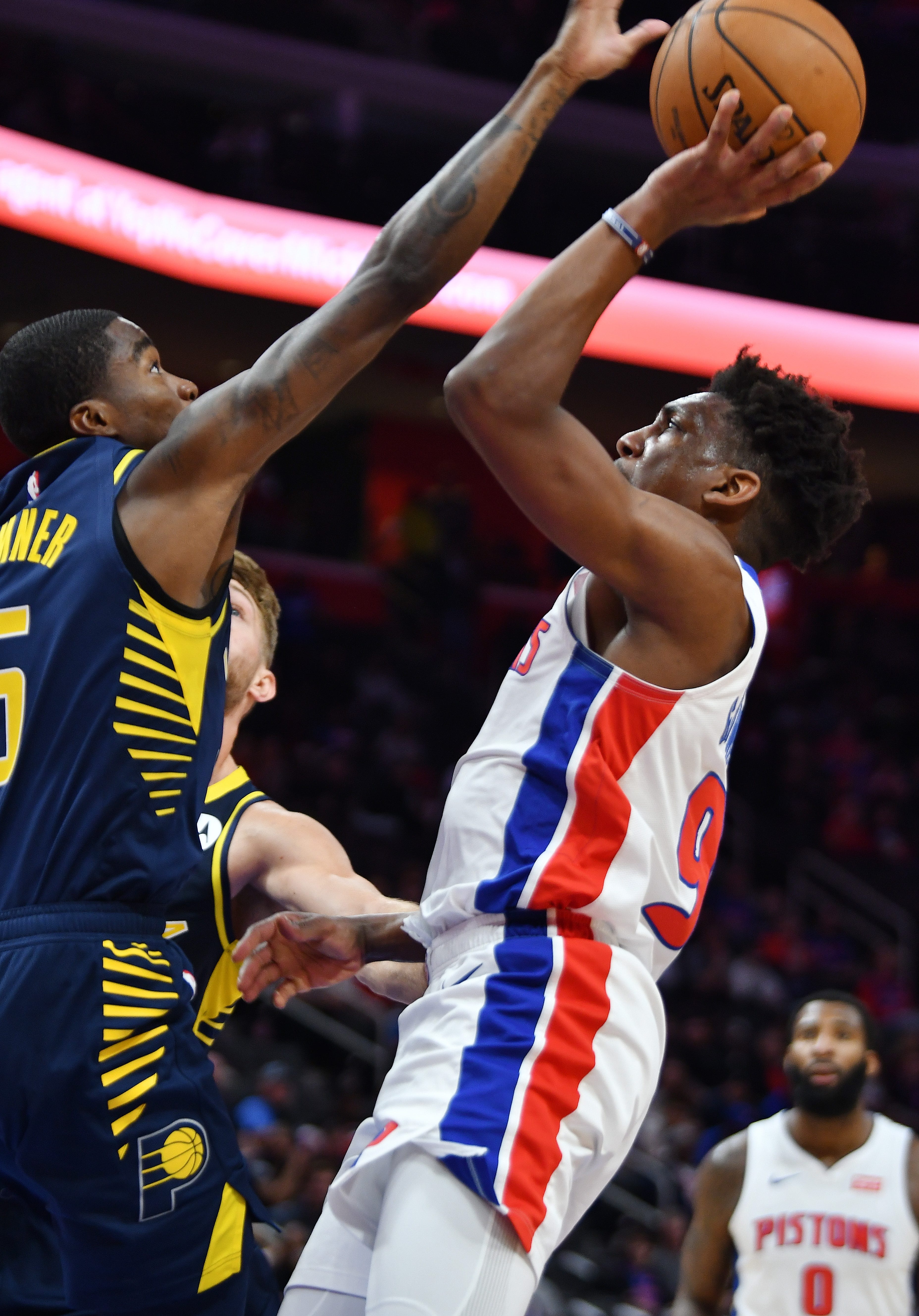Pistons' Langston Galloway shoots over Pacers' Edmond Sumner in the second quarter.