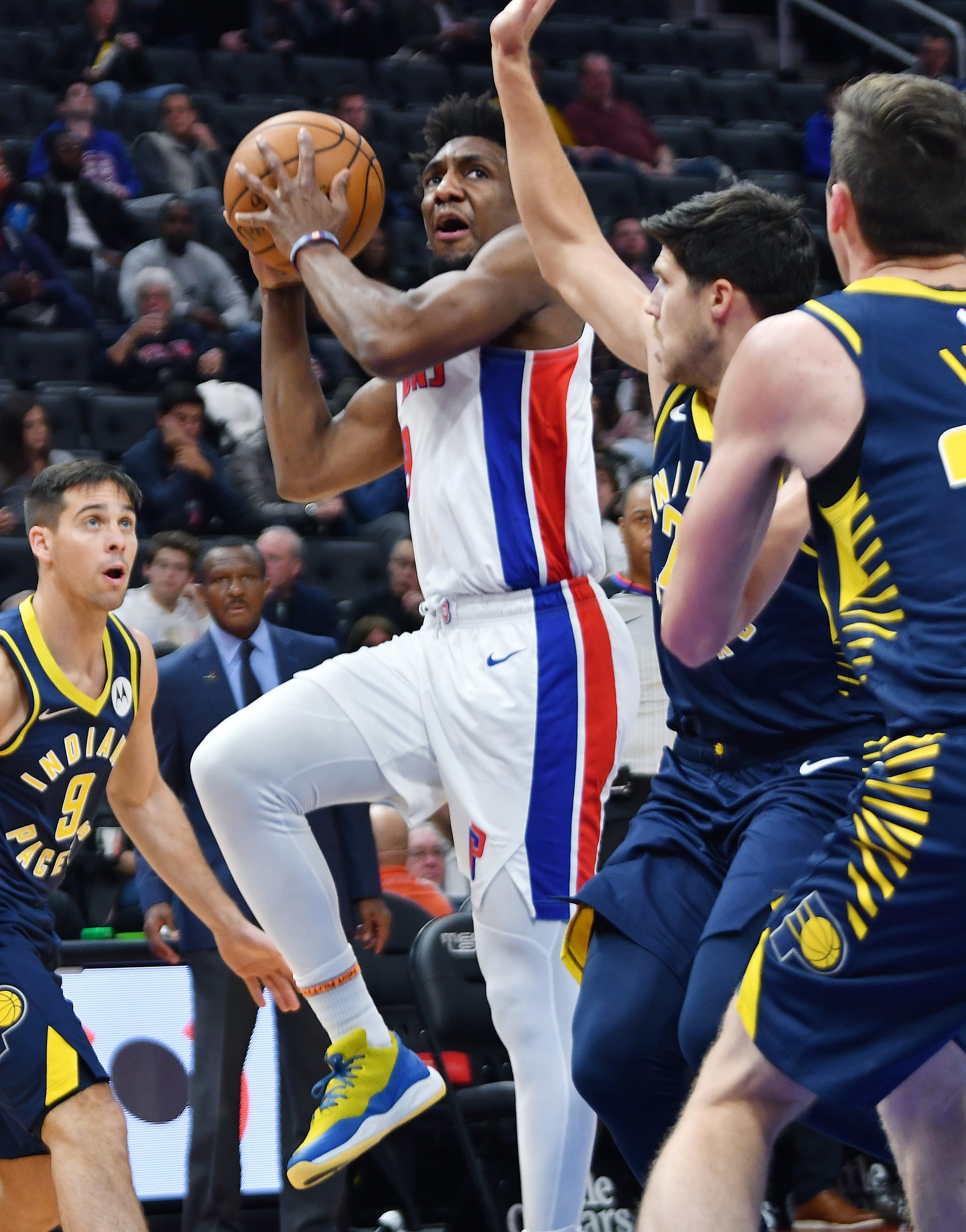 Pistons' Langston Galloway shoots over Pacers' Doug McDermott in the second quarter.