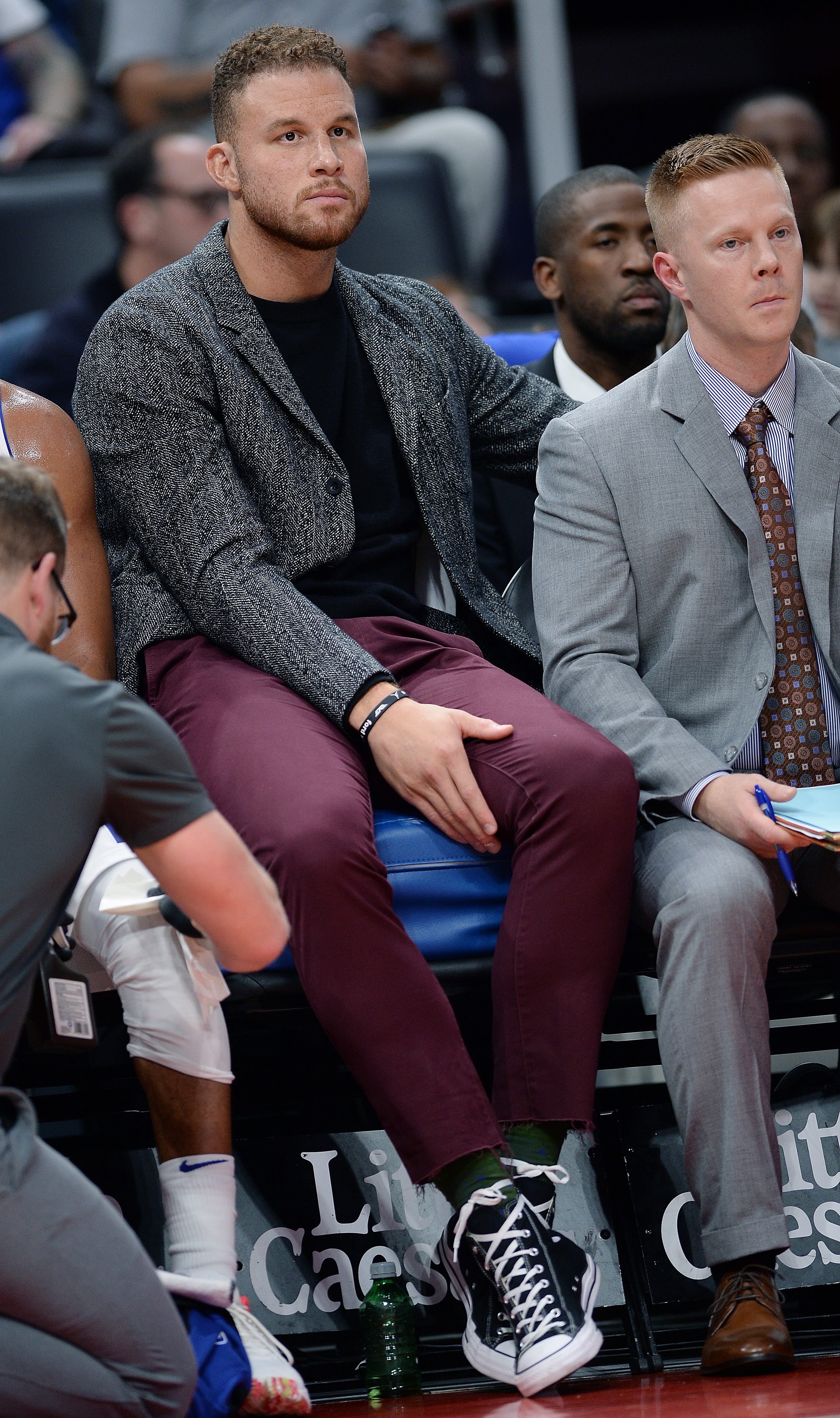 Pistons' injured star Blake Griffin watches the game in the second quarter.