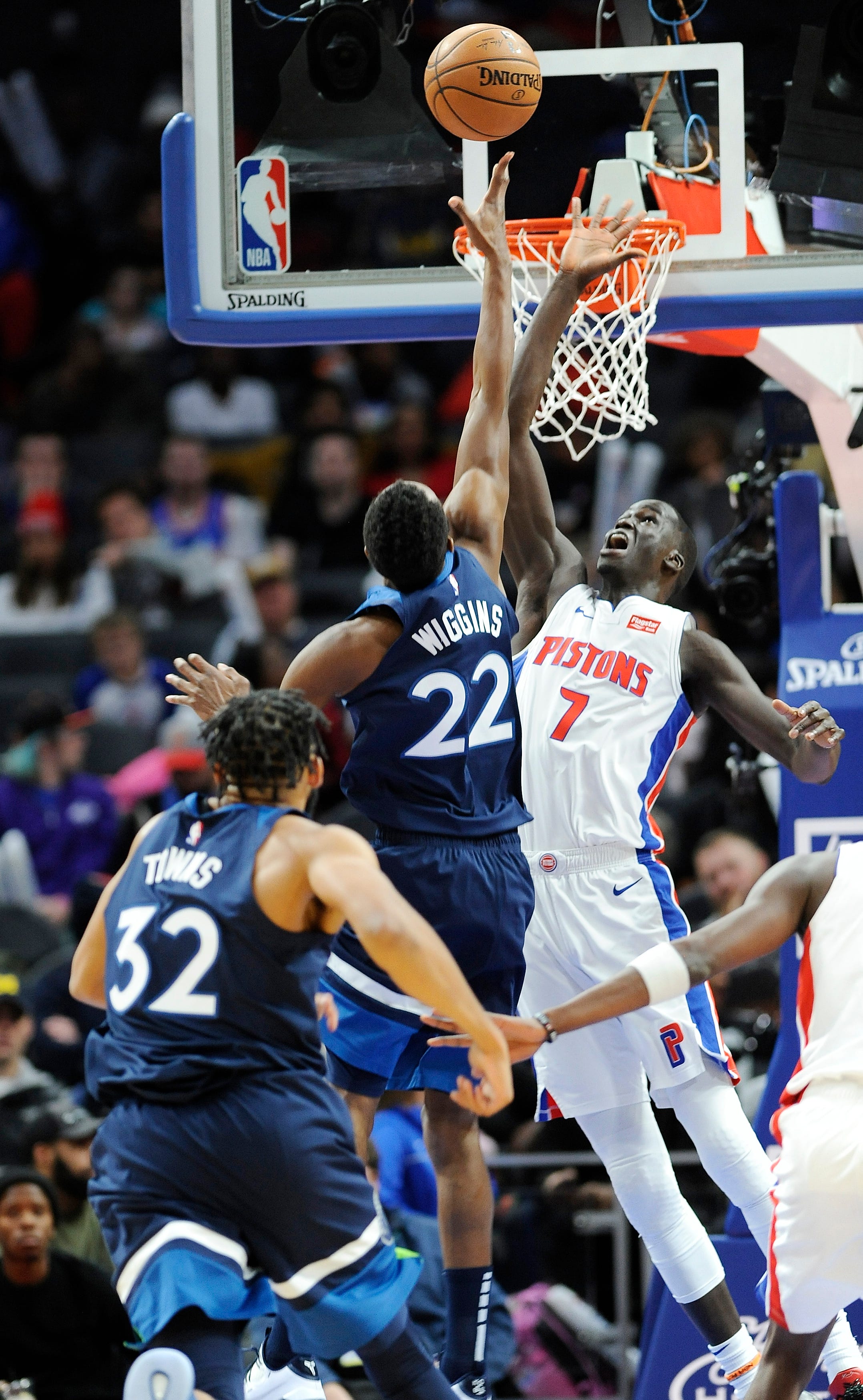 Pistons' Thon Maker defends the shot of Timberwolves' Andrew Wiggins in the second quarter.