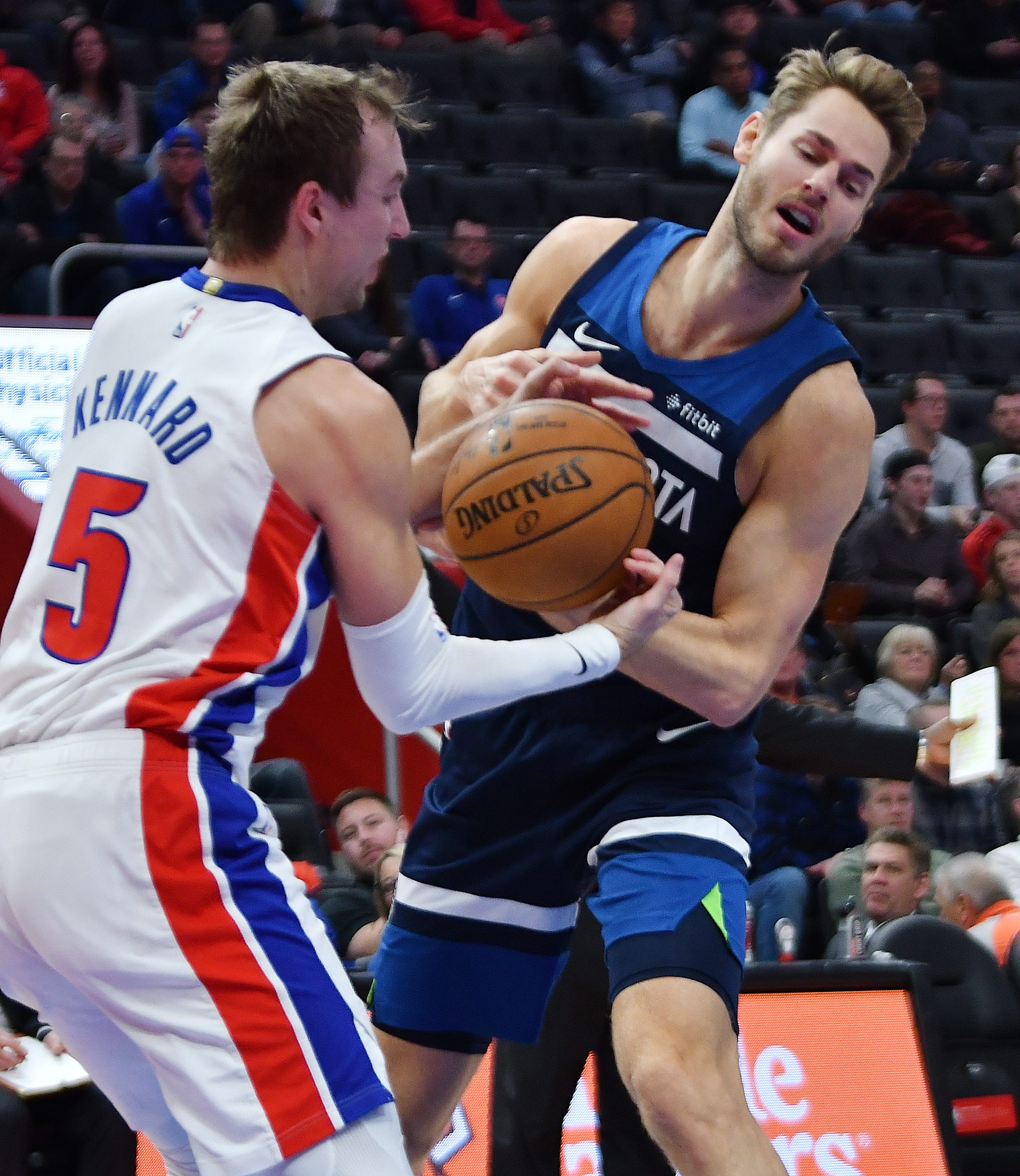 Pistons' Luke Kennard steals the ball from Timberwolves' Jake Layman in the fourth quarter.
