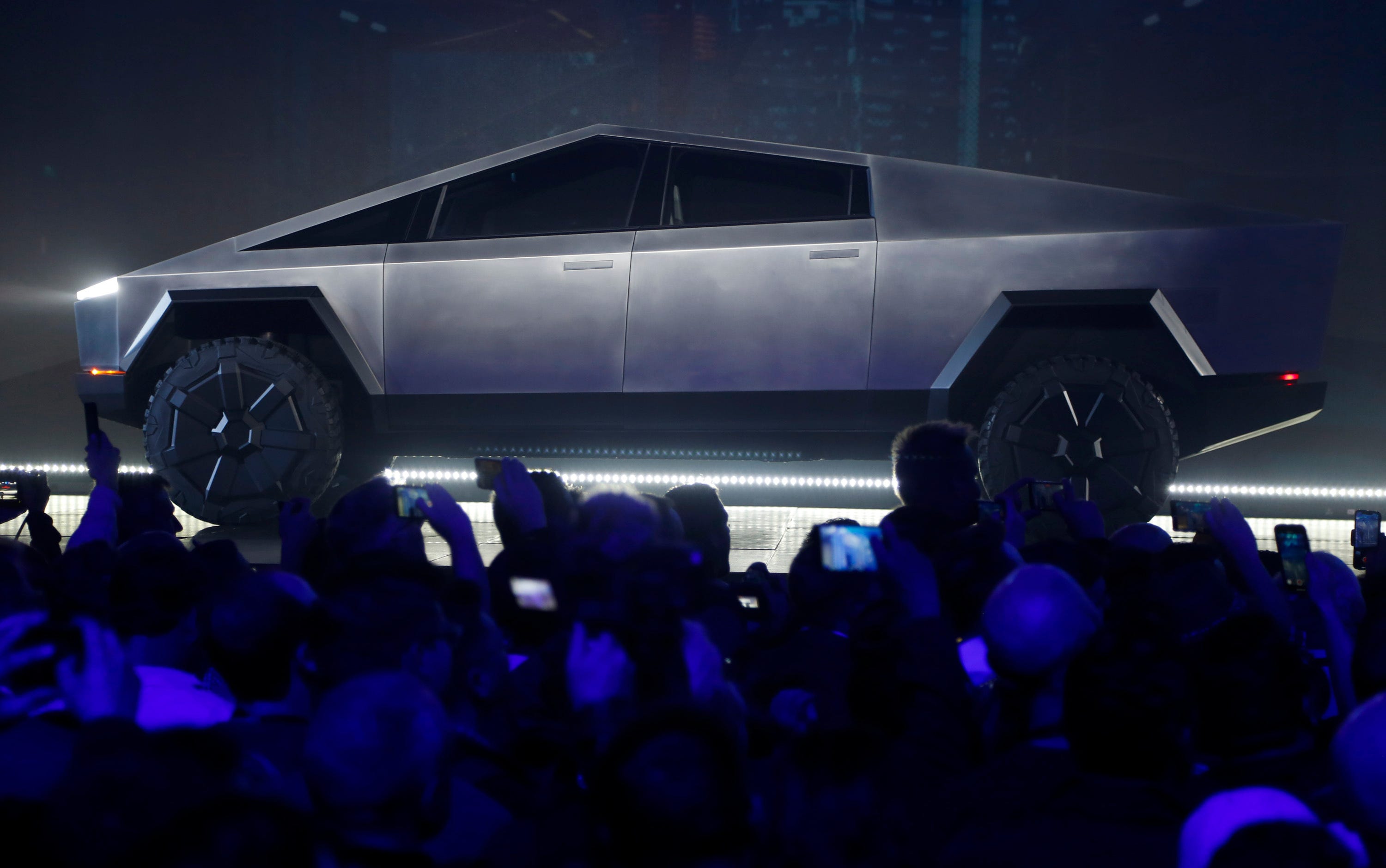 The Tesla Cybertruck is unveiled at Tesla's design studio Thursday.