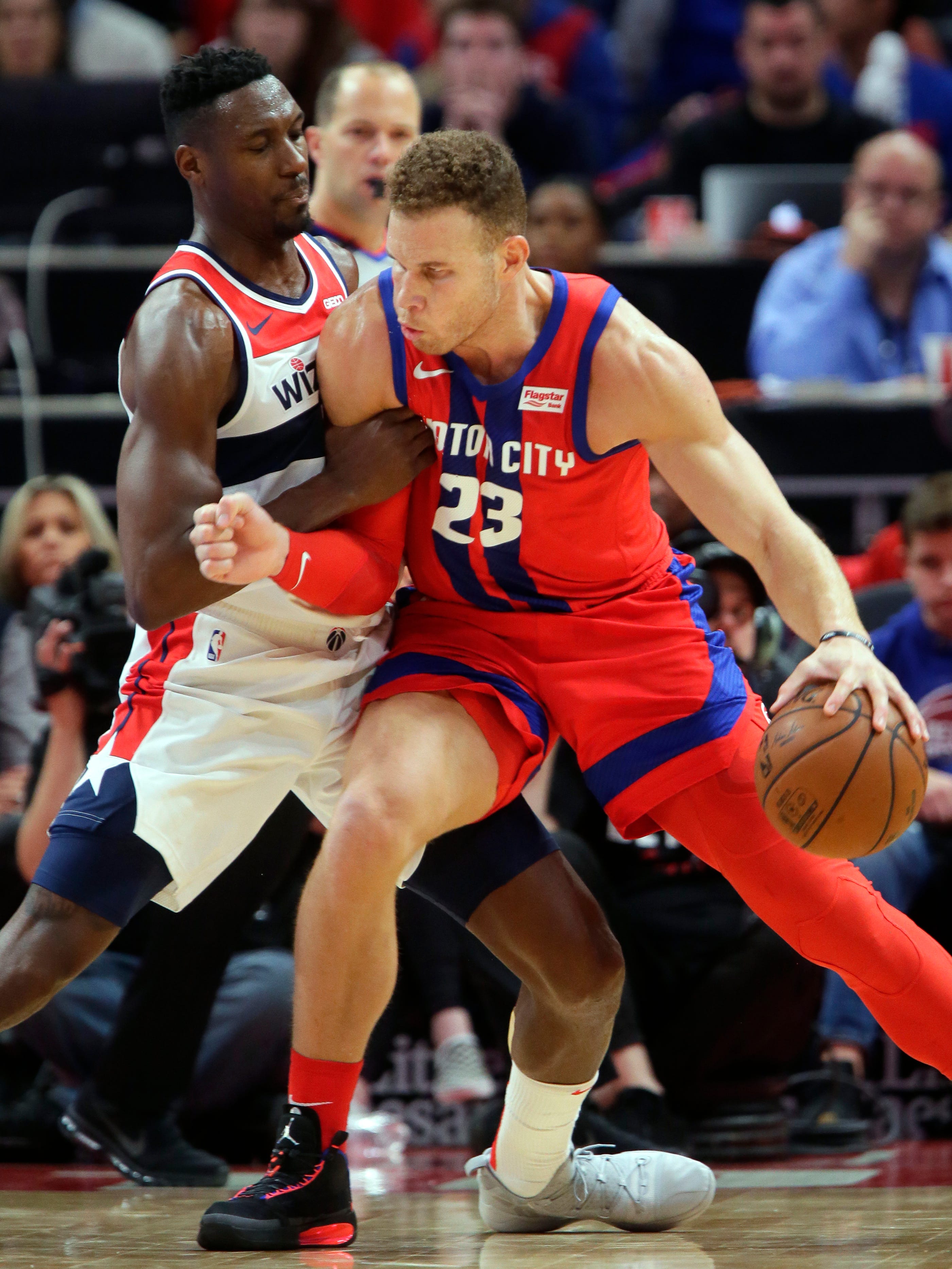 Detroit Pistons forward Blake Griffin (23) drives against Washington Wizards center Ian Mahinmi (28) during the second half.