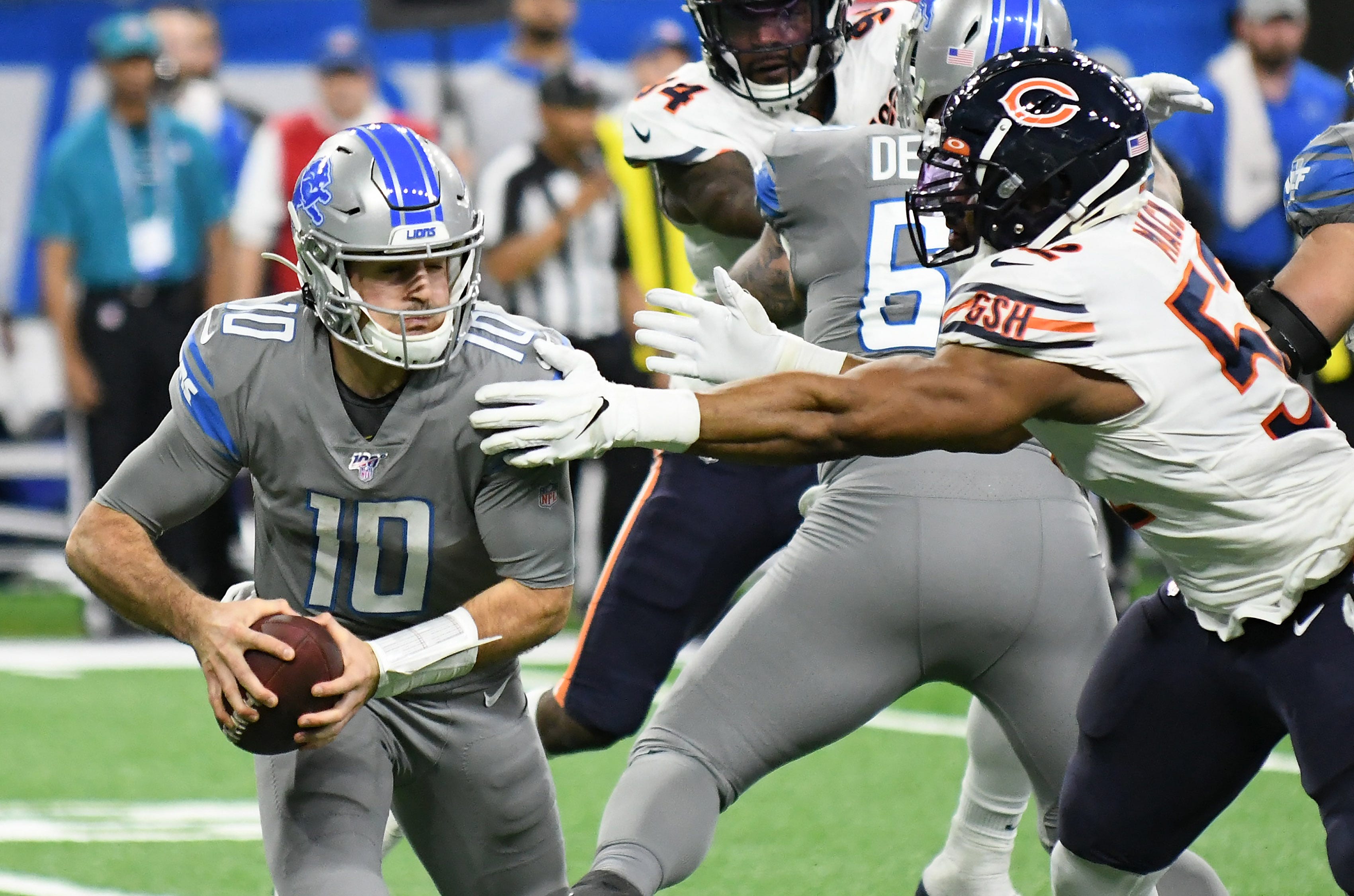 OFFENSE: David Blough, quarterback: Things started so promising for Blough when he led the Lions to touchdowns his first two drives. But from there, he looked more and more like an undrafted rookie, often struggling to get a single first down on many possessions. He completed just 54% of his throws, with more picks than scores, while lacking dual-threat ability to offset the paltry passing figures. Grade: D