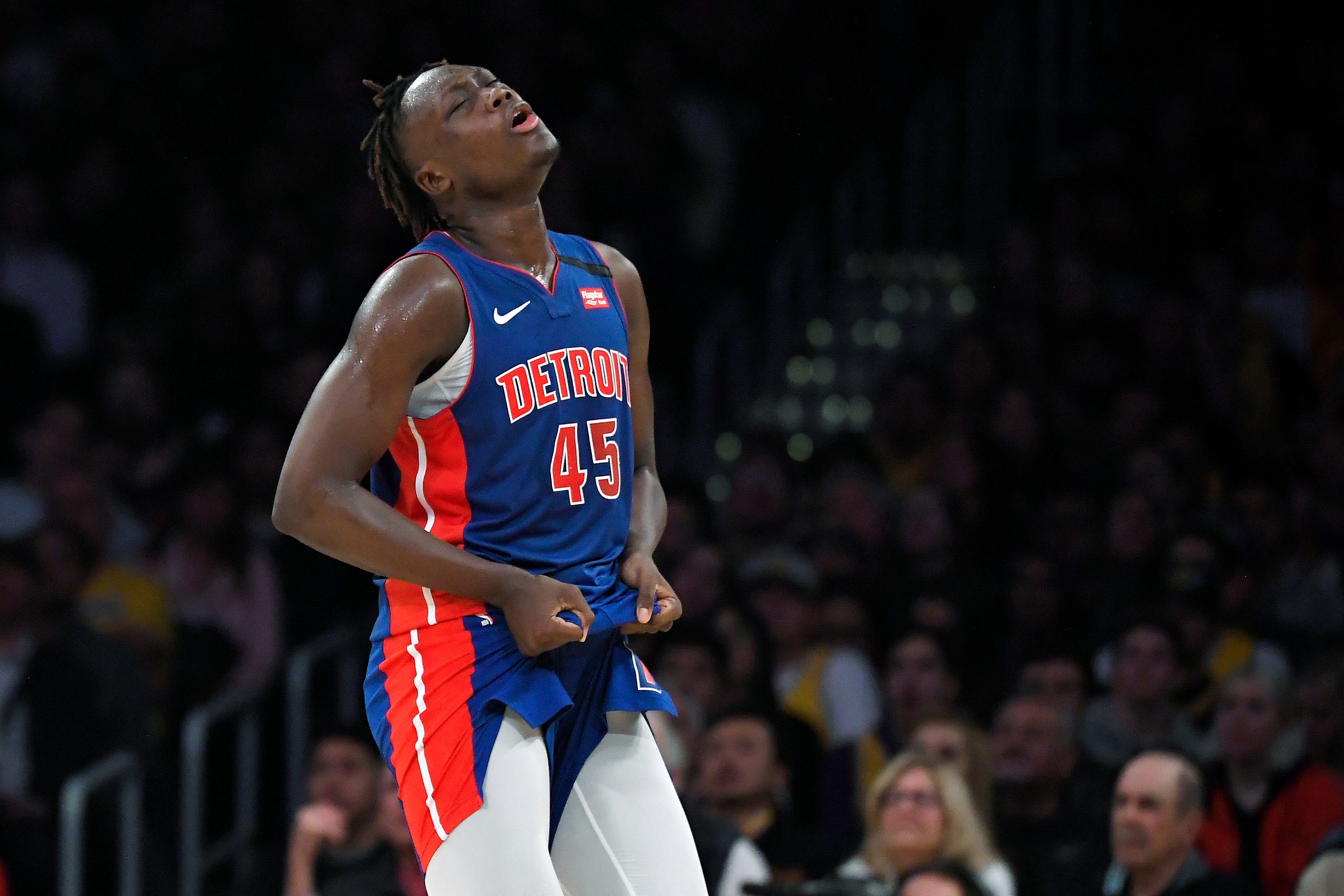 Detroit Pistons forward Sekou Doumbouya reacts as the Los Angeles Lakers score during the second half.