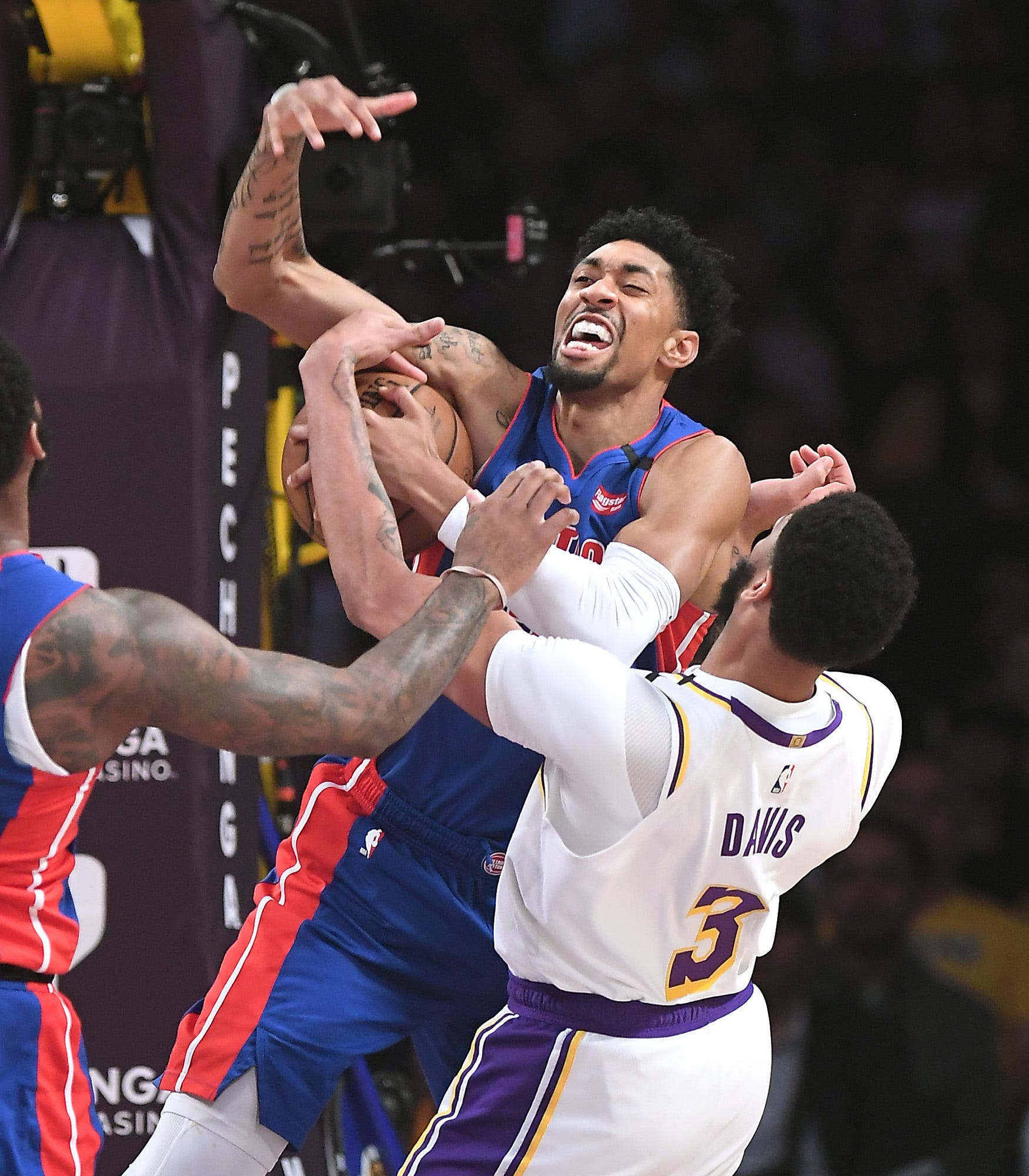 Los Angeles Lakers' Anthony Bradley blocks the shot of Detroit Pistons' Christian Wood in the first quarter.
