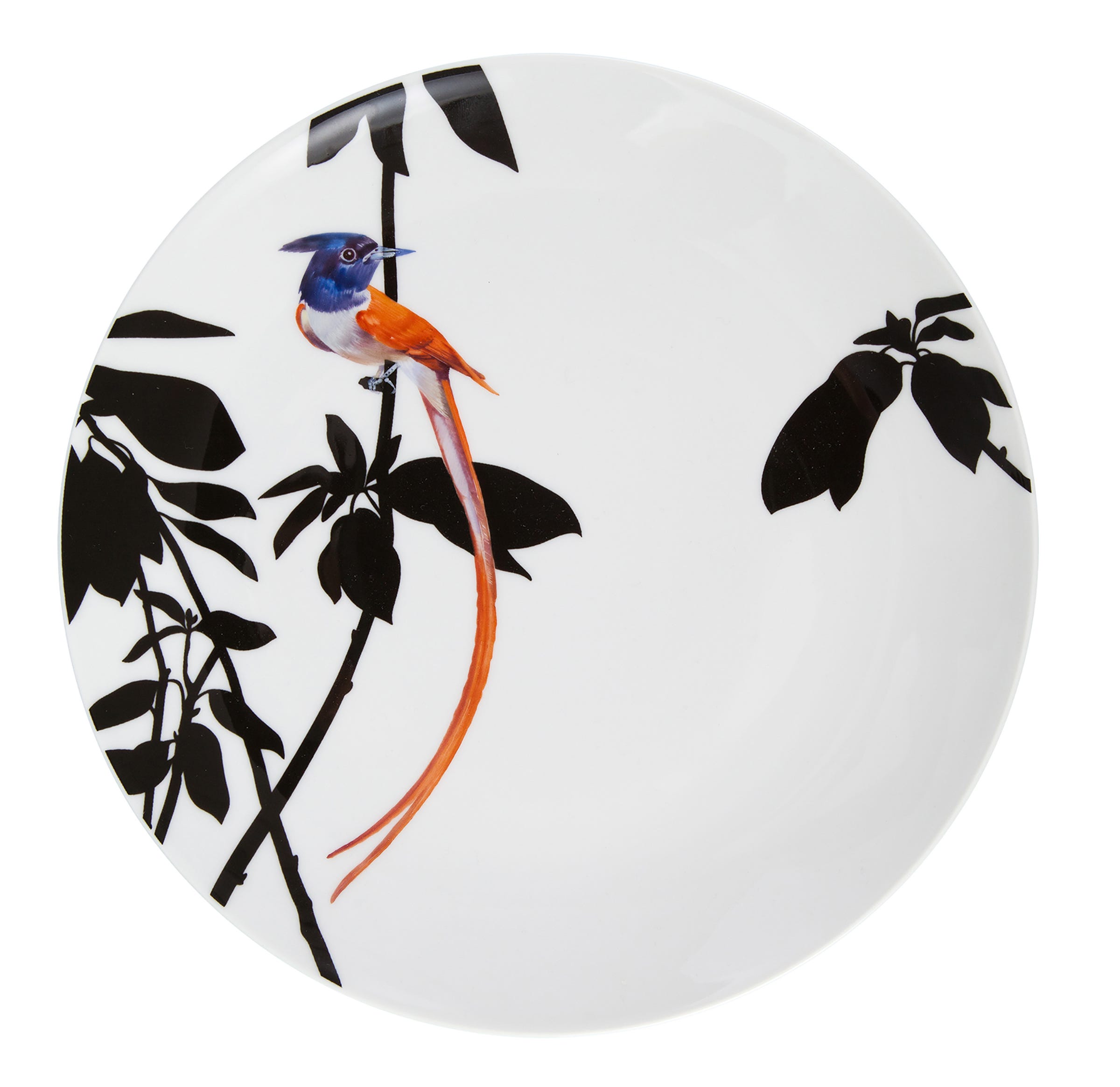 AT HOME for release January 2020 BY DESIGN Caption 10: Birds perched on flowery branches, strikingly silhouetted on a white plate resemble paper-cut pieces in Meissen's Flying Jewels pattern, introduced at Ambiente at Messe Frankfurt. The birds are hand-painted.
