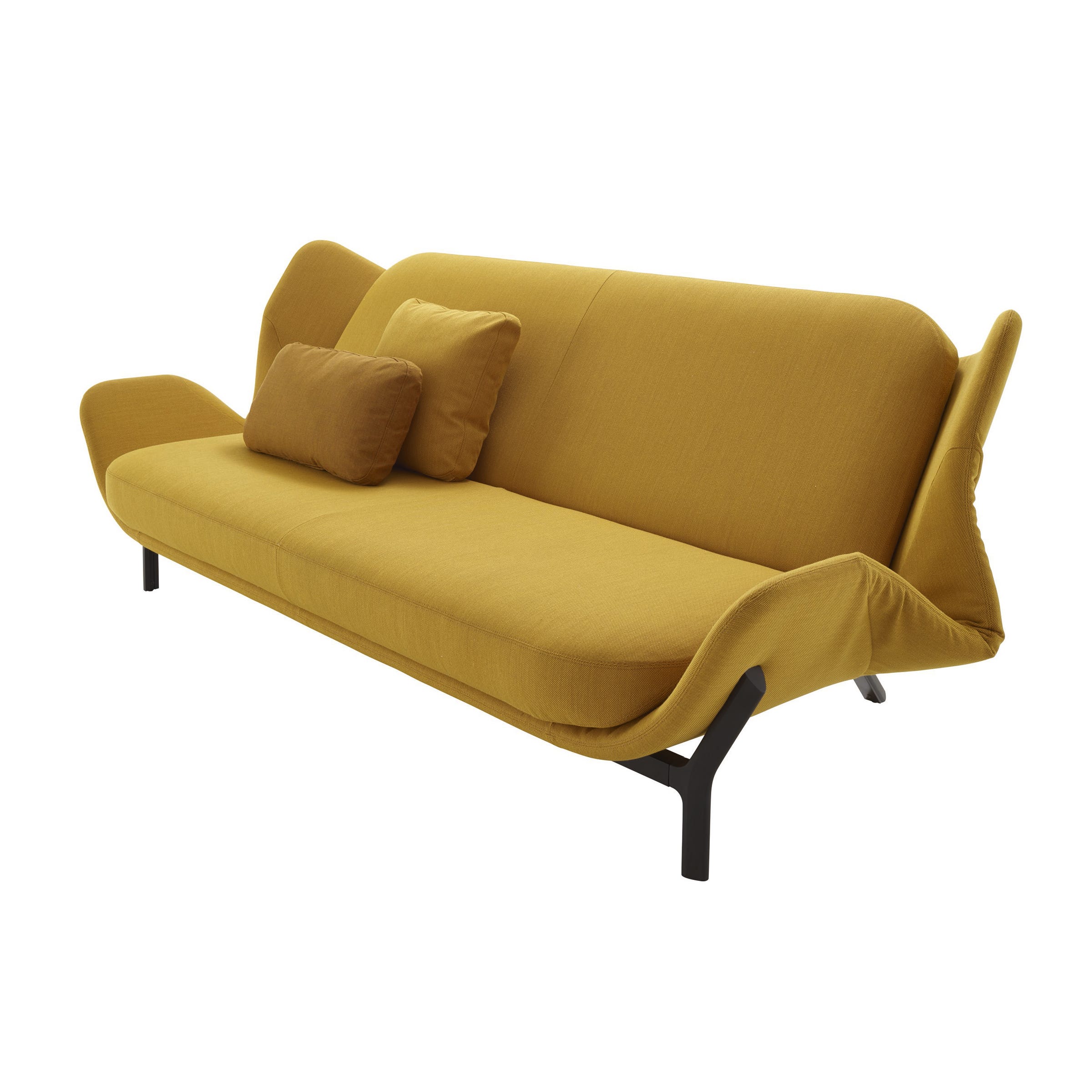 Clam, a modern sofa in mustard by Leo Dubreil and Baptiste Pilato for Ligne Roset shows off curves and does double duty as a chic sleeper. The bed-settee is easy to operate and designed to be viewed on all sides. The sleep area is generous, and those side curves create a stylish shape at both ends when open. Placed in the middle of a room, the piece is like an island for reading and resting.