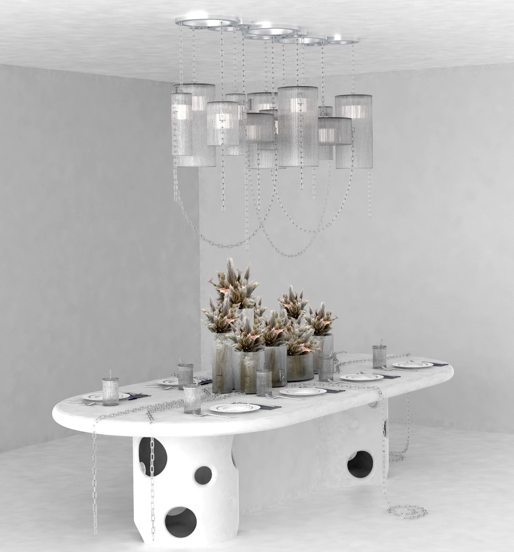Virgil Abloh designed an elegant limited-edition Crystal Clear capsule collection for Baccarat, which debuted in the brand's new boutique bar and lounge during Design Miami week. Chandelier shades, vessels and drinking glasses are ribbed, with a frosty look, and the piece de resistance is the integration of crystal chains.