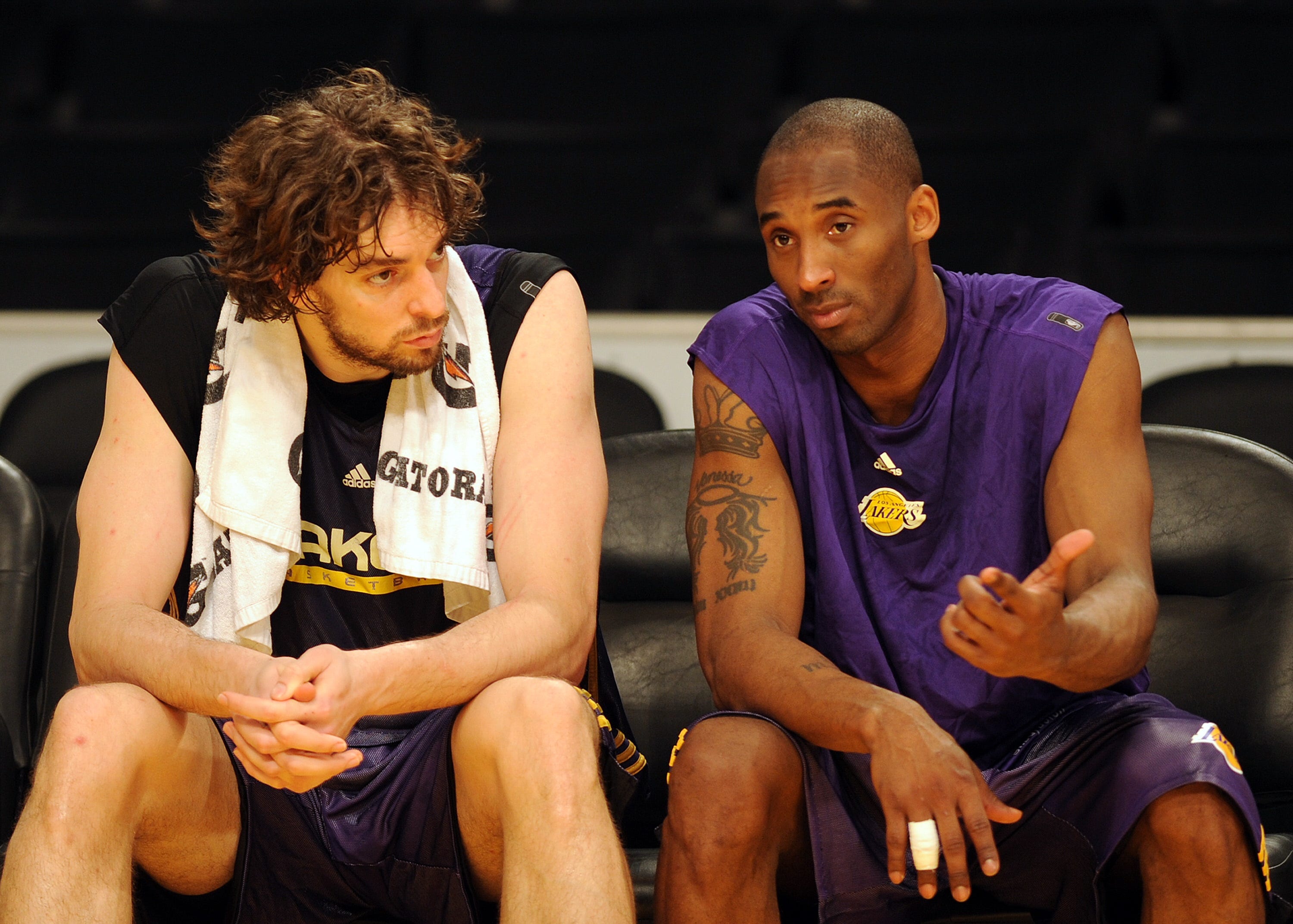 Pau Gasol and Kobe Bryant chat during a practice session at Staples Center in June 2009.