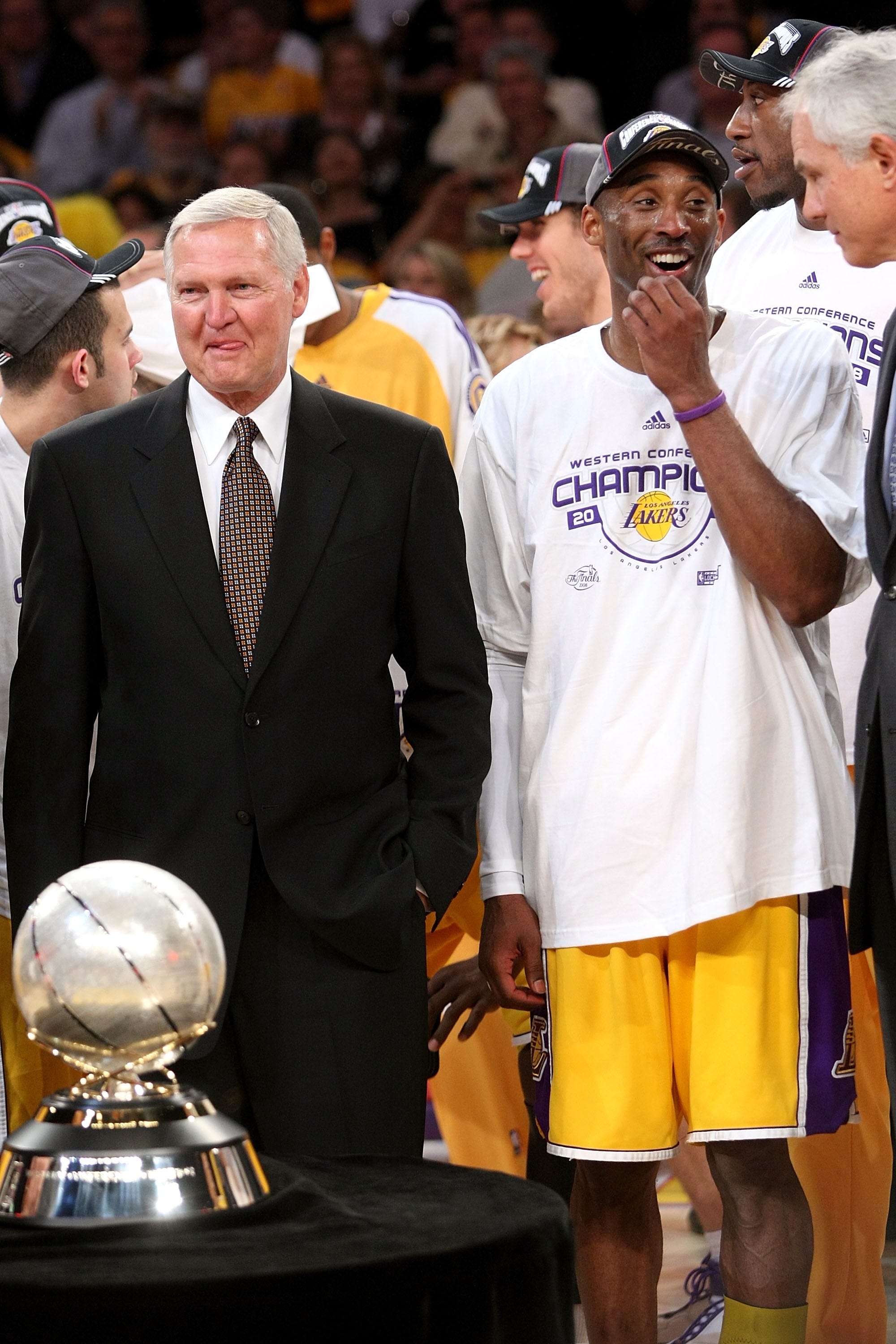 Los Angeles Lakers legend Jerry West and Kobe Bryant celebrate the 2008 NBA championship.