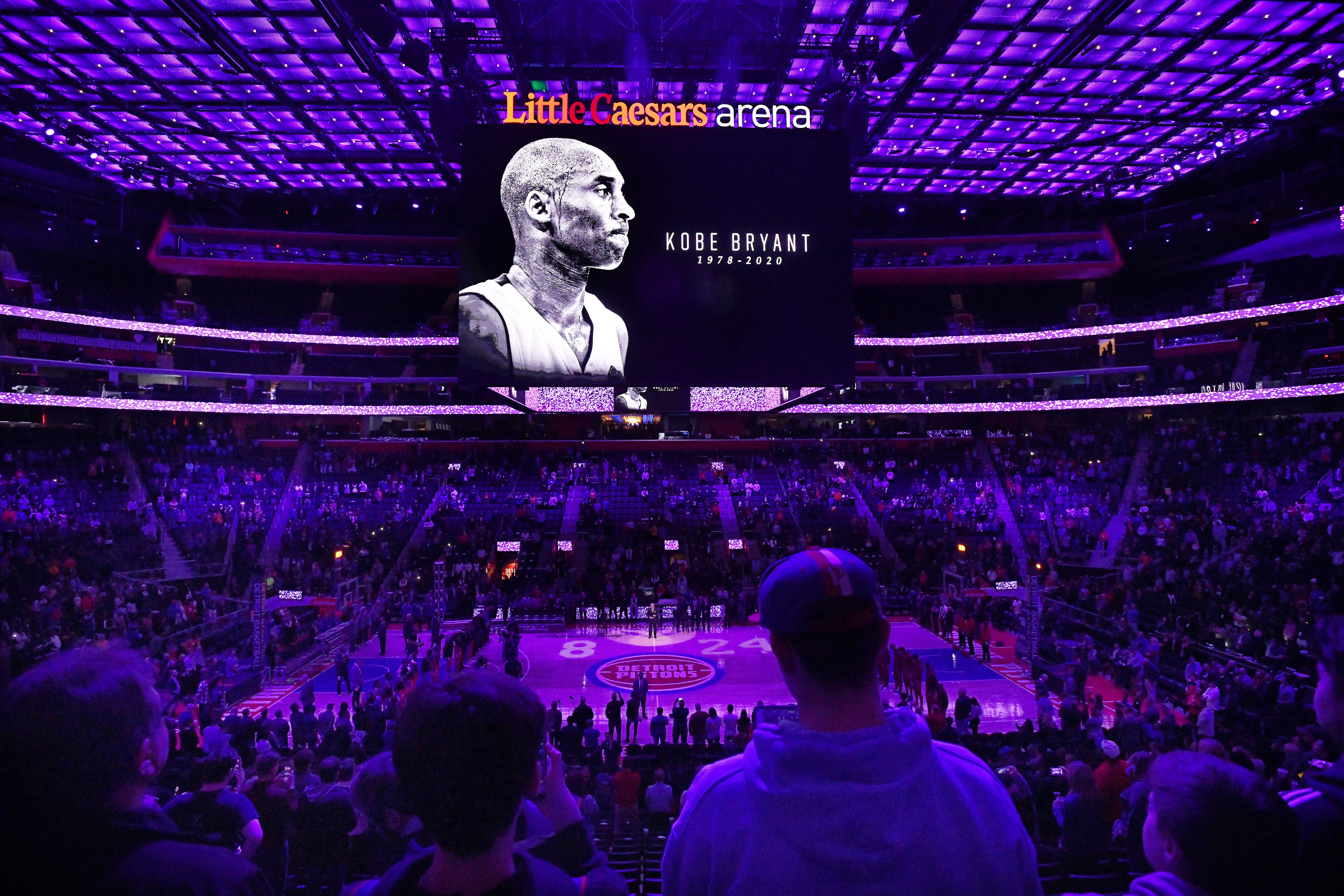 The Detroit Pistons honored Kobe Bryant, who died the day before in a helicopter crash, before taking on the Cleveland Cavaliers at Little Caesars Arena in Detroit, Michigan on January 27, 2020.  Bryant's 13-year old daughter, Gianna, was among those who died in the crash as well.
