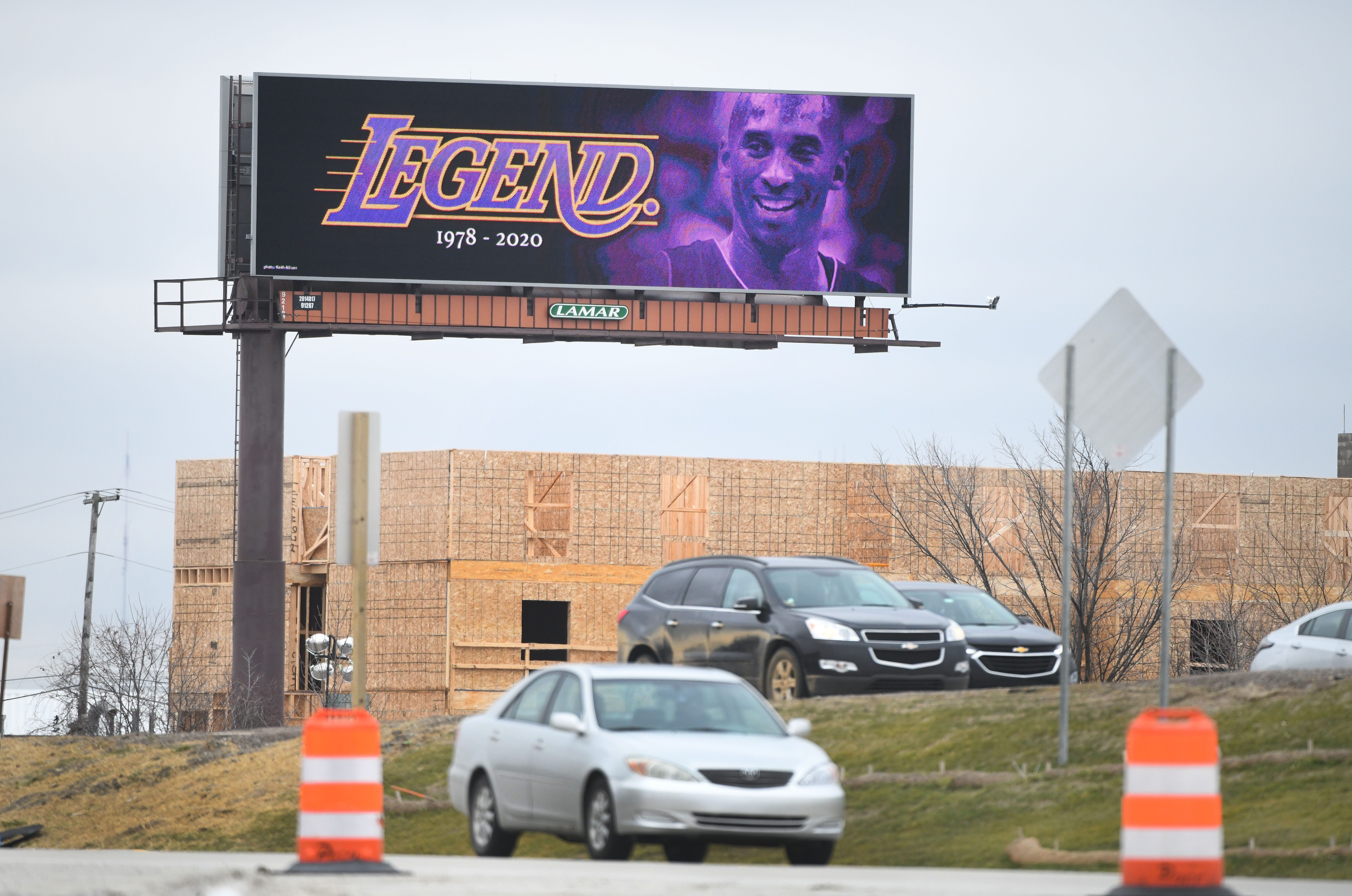 A billboard in memory of deceased Kobe Bryant, whose death at age 41 in a helicopter crash has stunned the sports world, on southbound I-75 in Troy, Michigan on January 27, 2020,
