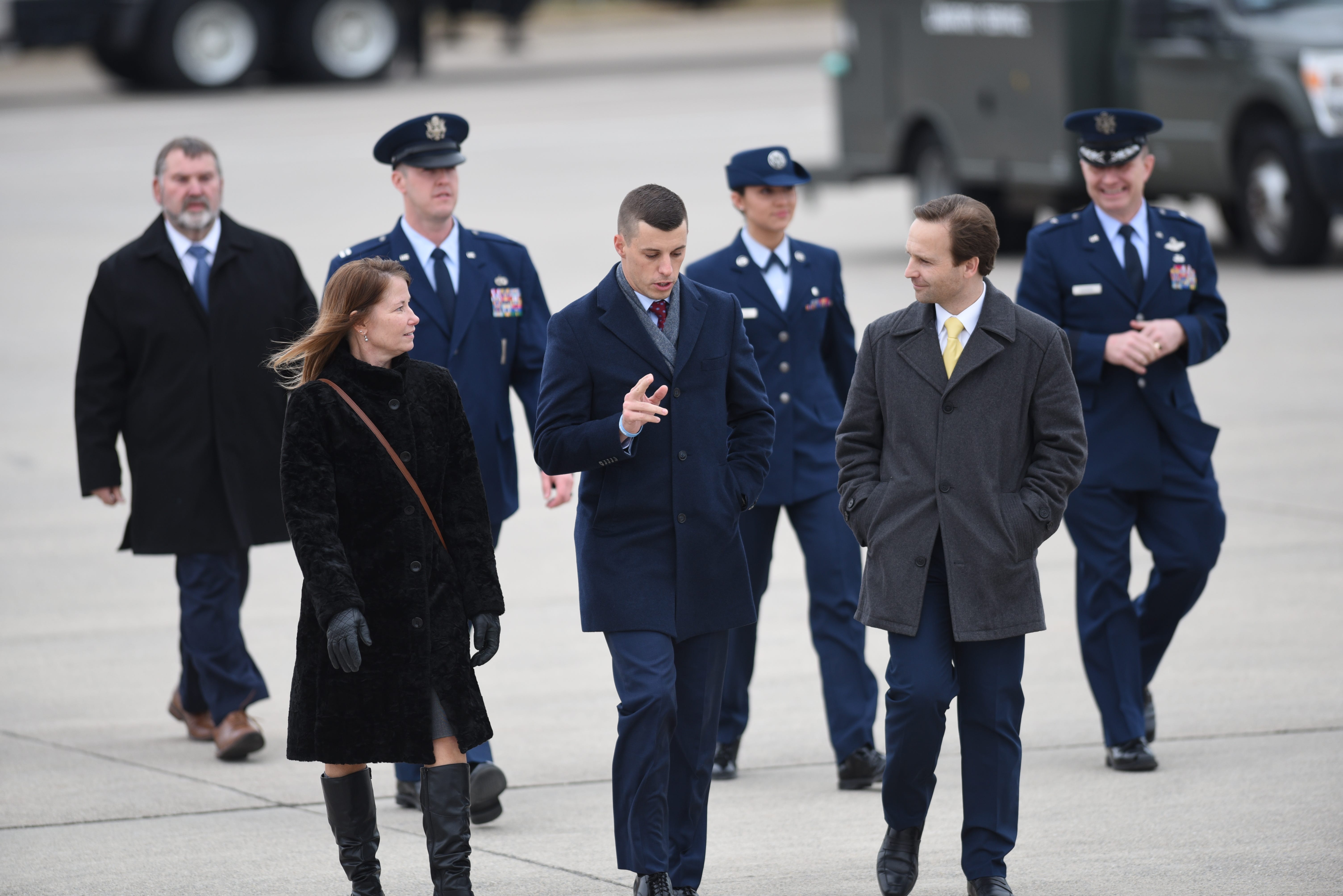 Speaker of the House Lee Chatfield (center), Former Lt. Governor Brian Calley (right) and Michigan State Rep. Diana Farrington, R-Utica, prepare to greet President Donald Trump upon his arrival at Selfridge Air Base in Harrison Township Thursday, January 30, 2020.