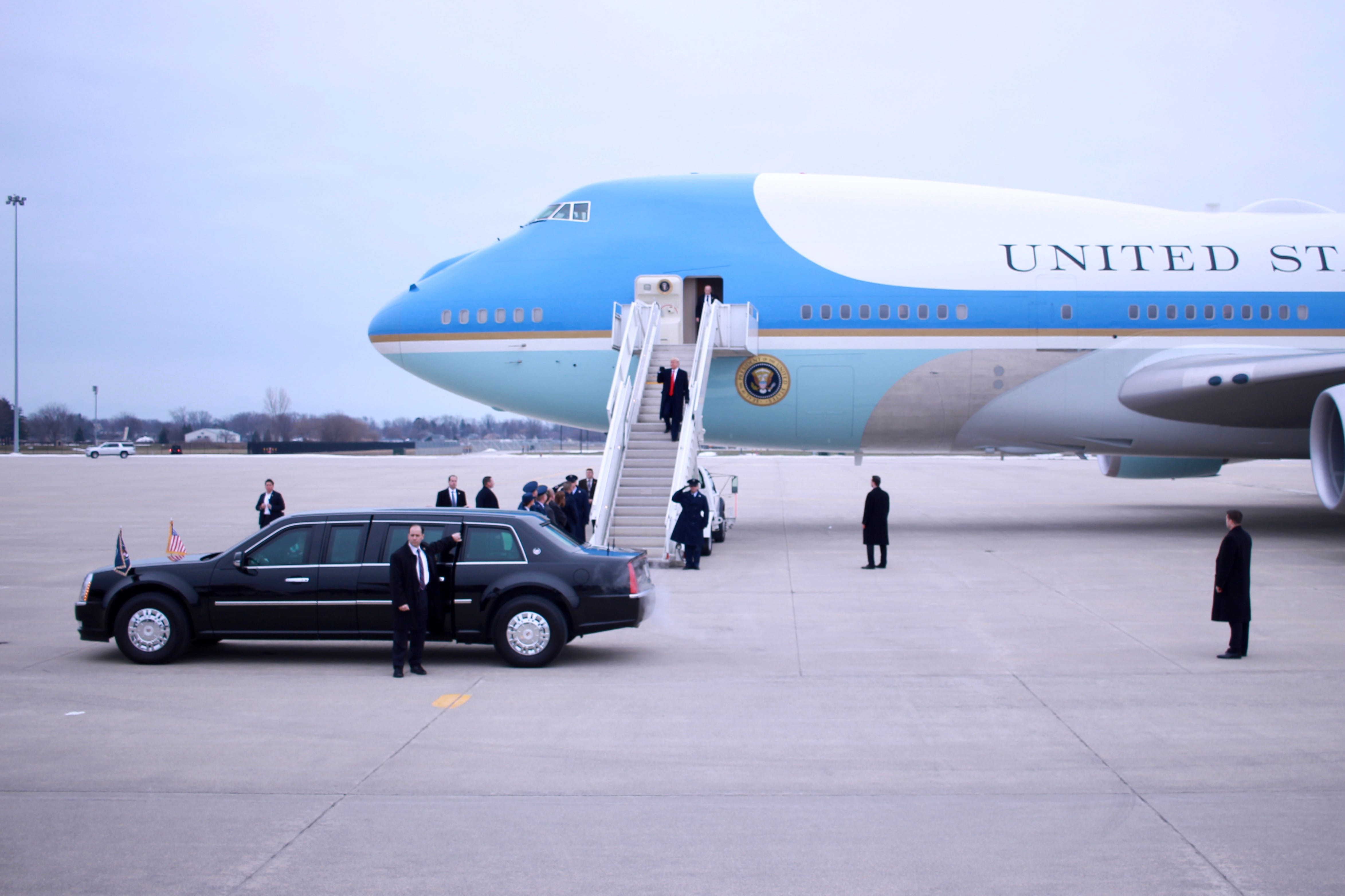 President Donald Trump arrives on Air Force One at Selfridge Air Base in Harrison Township, ahead of an appearance at Dana Inc., an auto supplier in Warren, on Thursday, Jan. 30 , 2020.