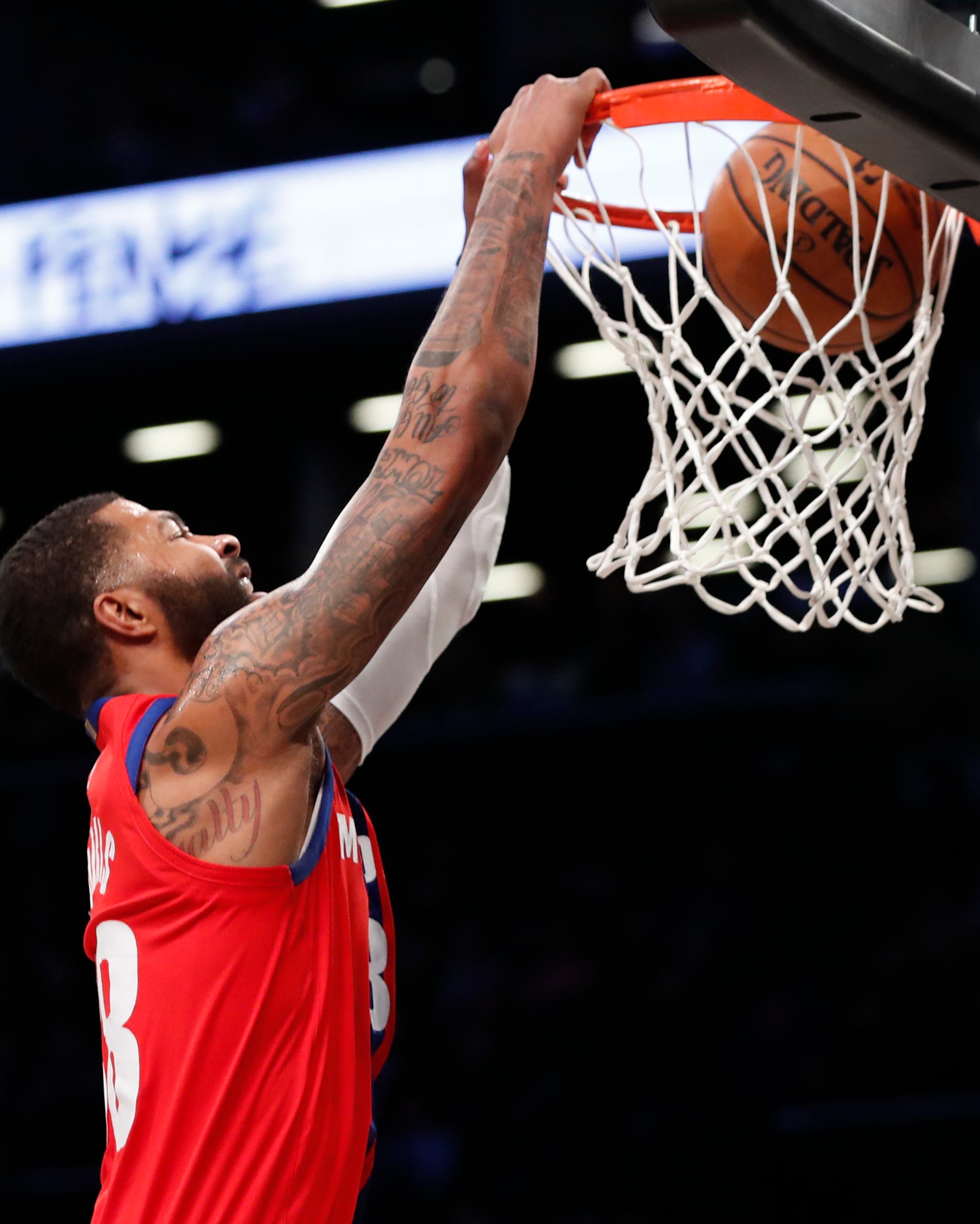 Detroit Pistons forward Markieff Morris dunks the ball with no opposition in the first half.