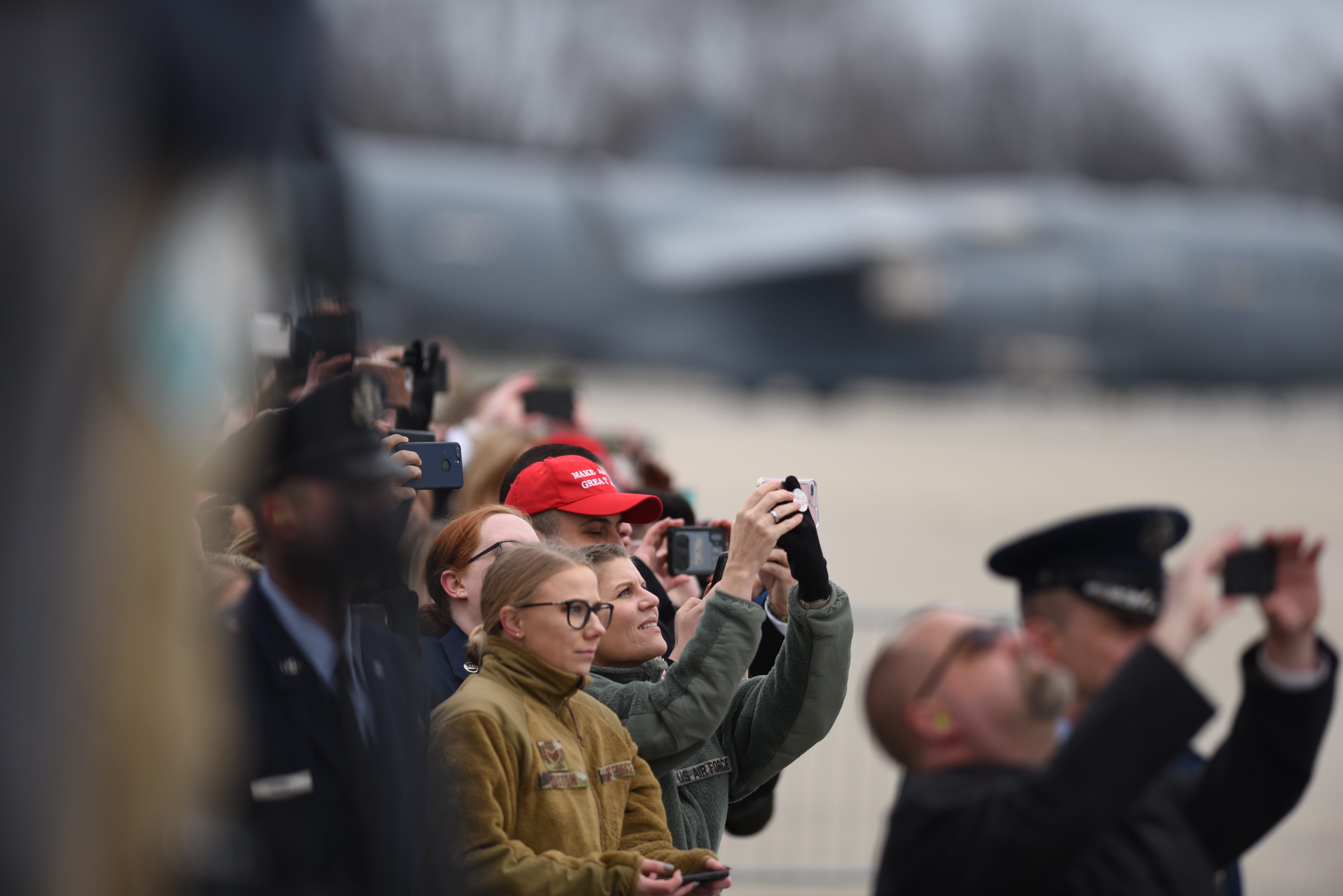 People await President Donald Trump's arrival at Selfridge Air Base in Harrison Township Jan. 30, 2020.