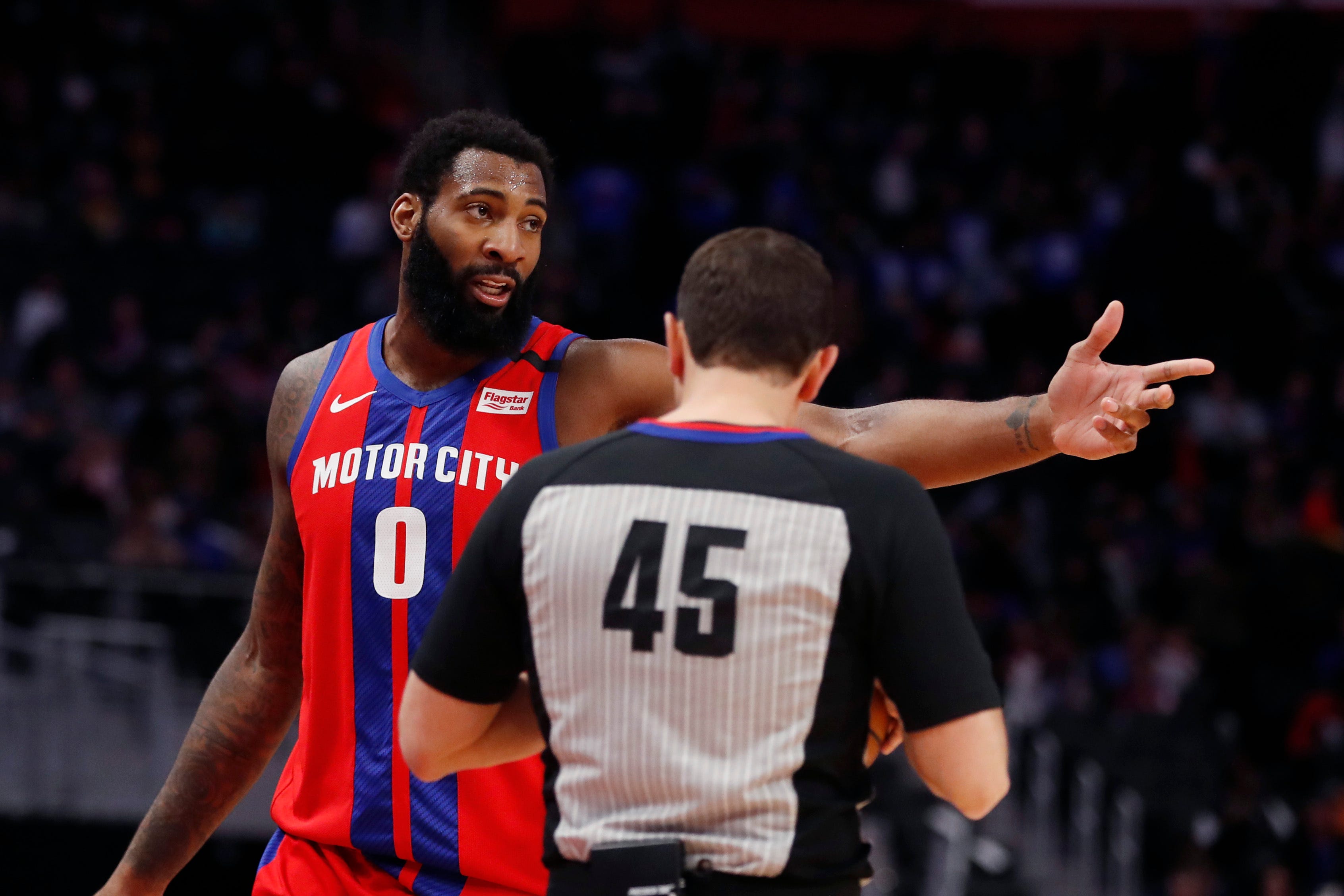 Detroit Pistons center Andre Drummond (0) talks with referee Brian Forte (45) during the first half.